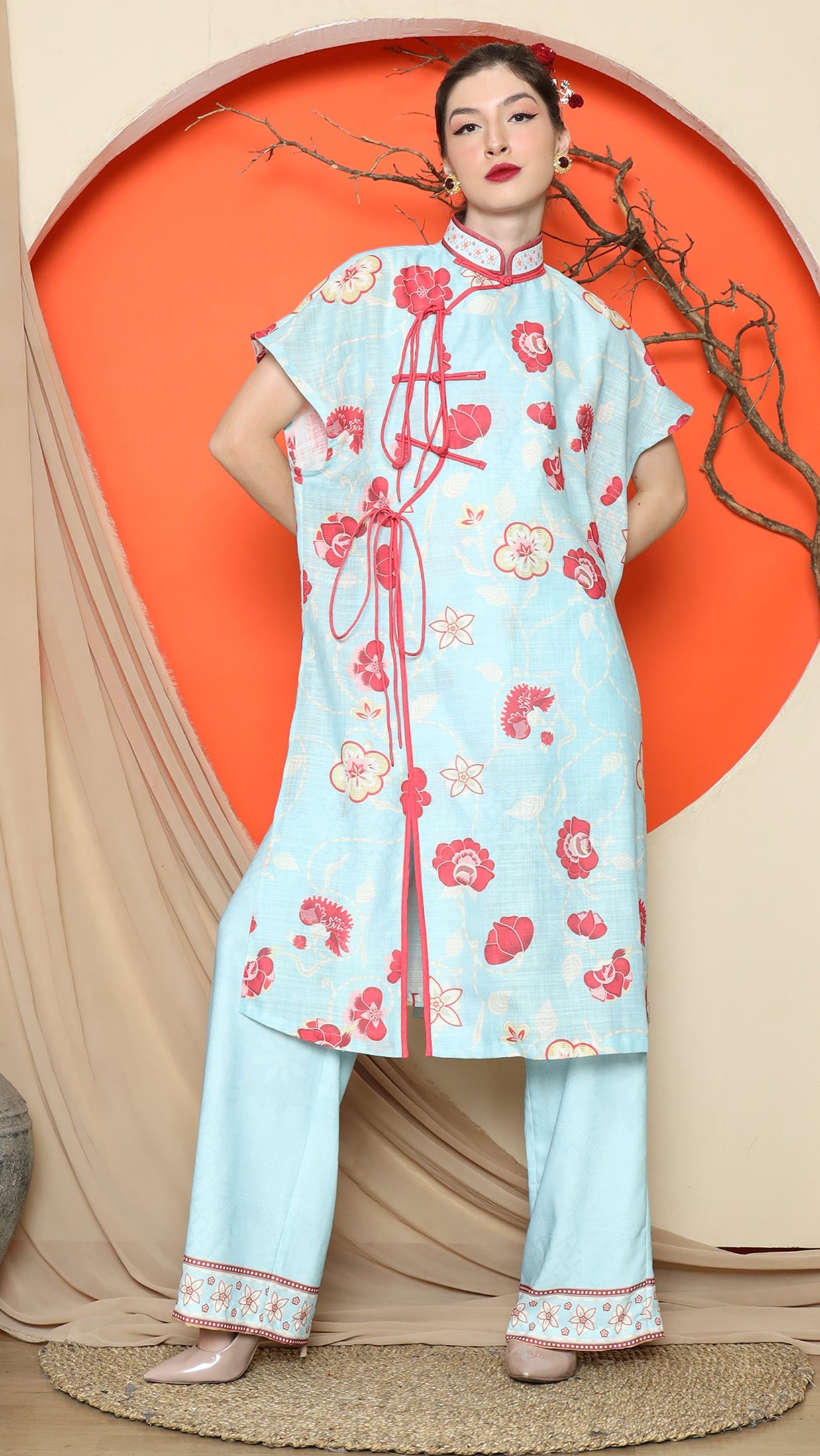 KANZI COLLECTION | Blue Oriental Floral Cheongsam Pant Set