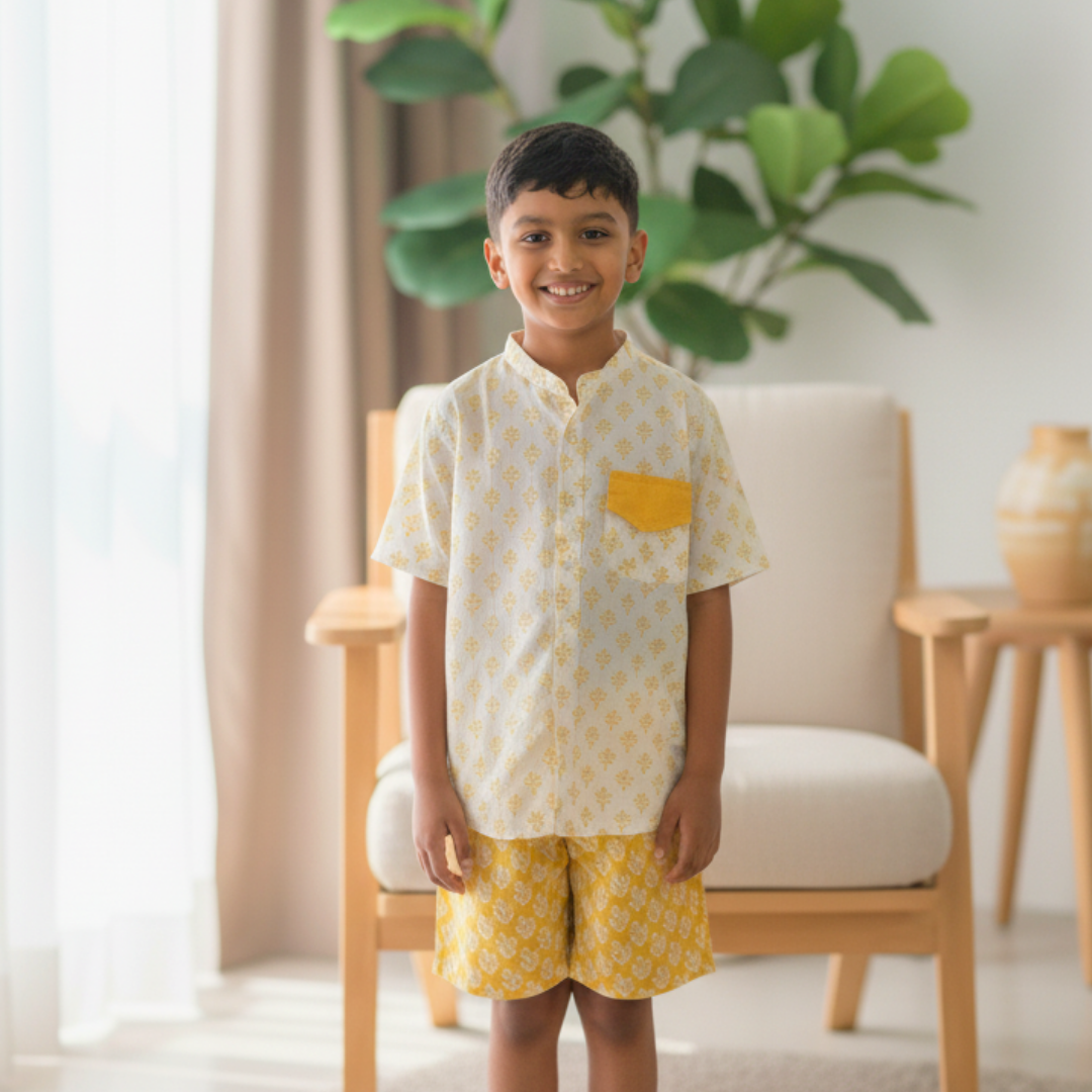 NIMBU | Soft Breeze Handblock Printed Unisex Cotton Shirt And Shorts Set
