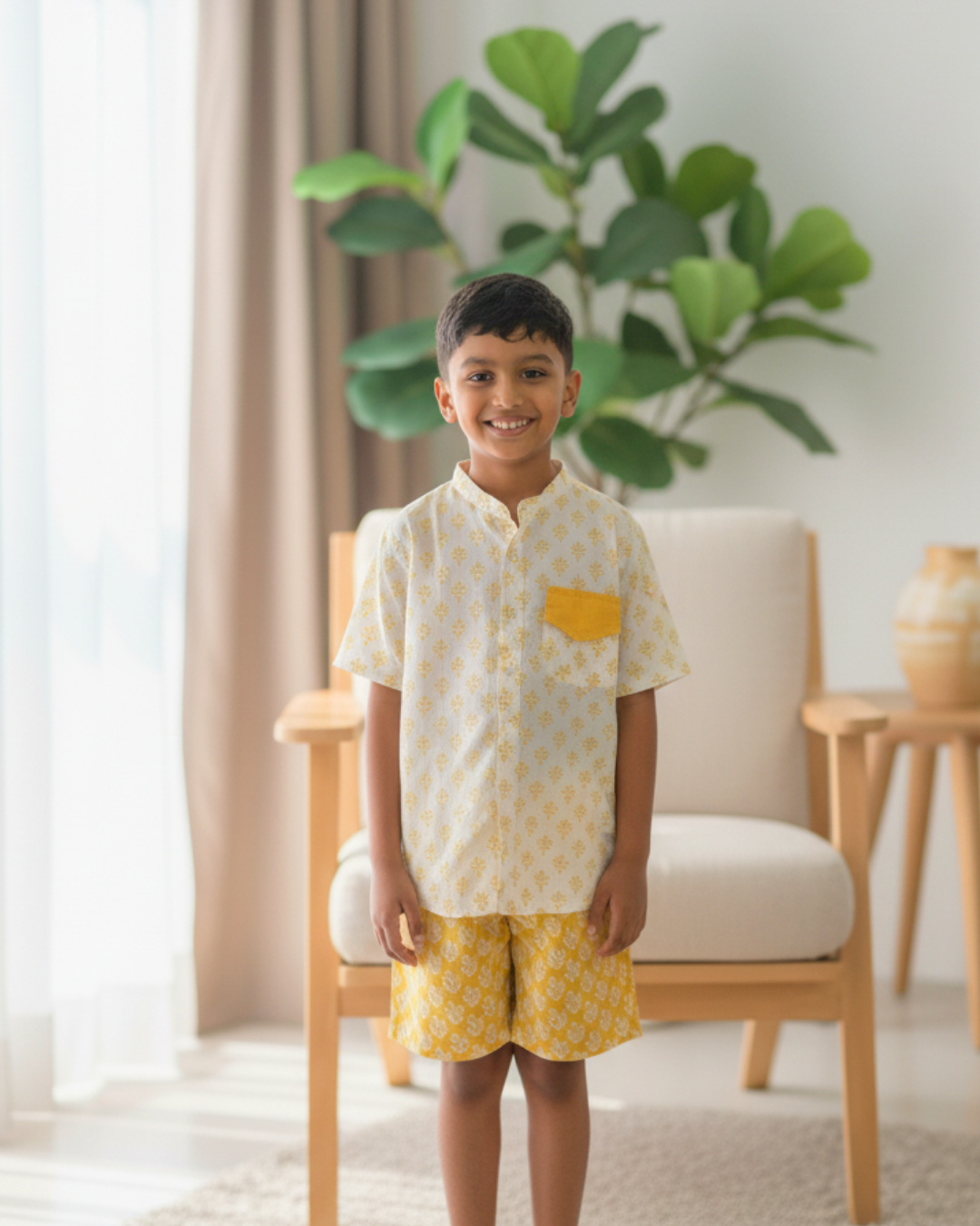 NIMBU | Soft Breeze Handblock Printed Unisex Cotton Shirt And Shorts Set