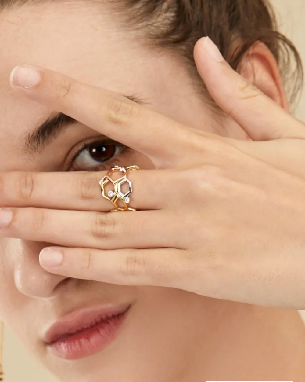 CREATIVE JEWELLERY STUDIO | Design Award Winner, 18k 3-Tone Gold & Diamond Honeycomb Wide Ring by Royada Jewelry