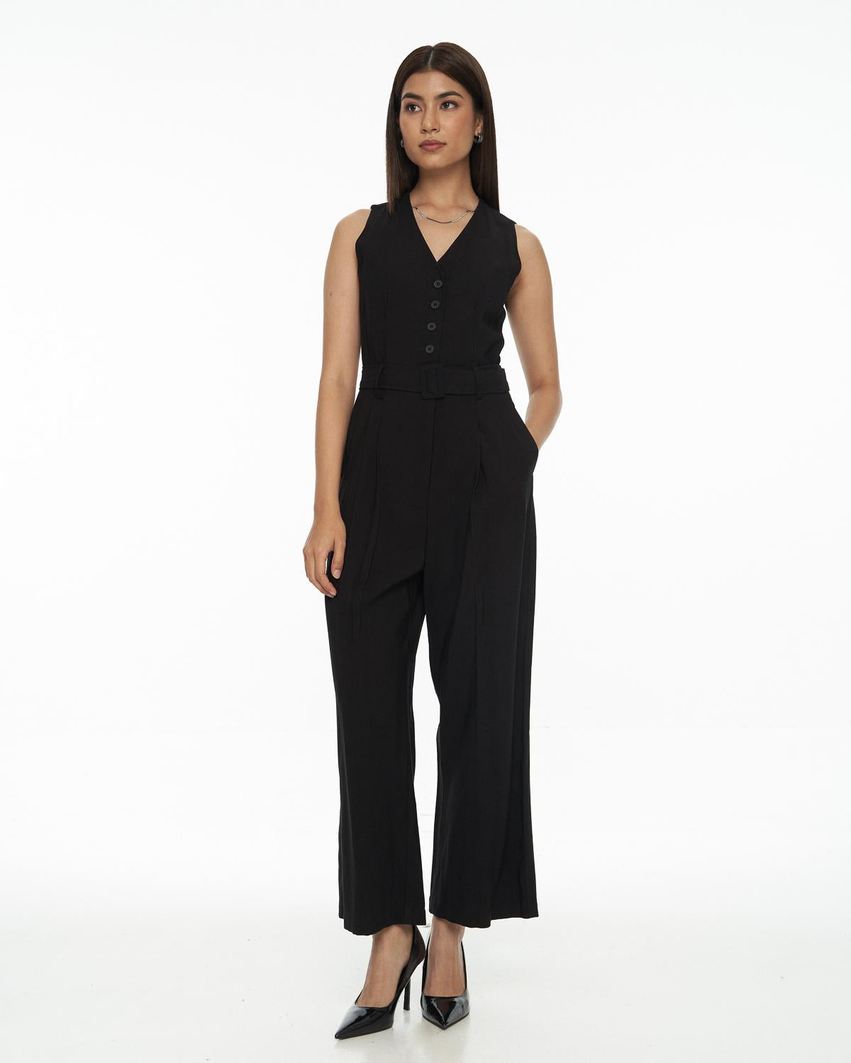 DRESSINGPAULA | V-Neck Belted Jumpsuit