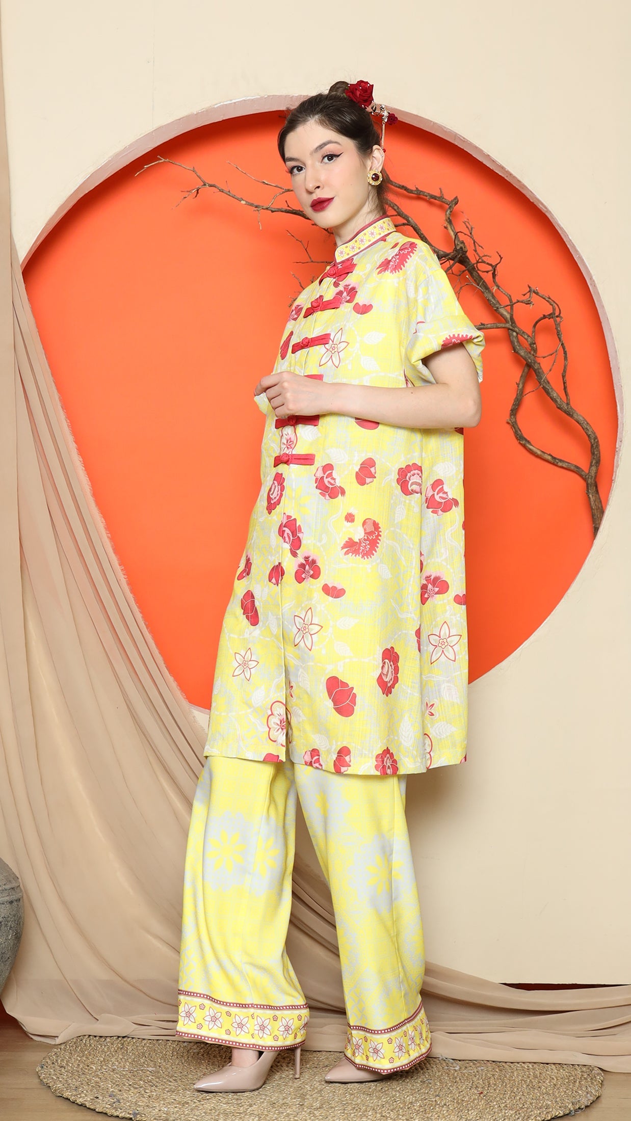 KANZI COLLECTION | Yellow Floral Cheongsam Pant Set