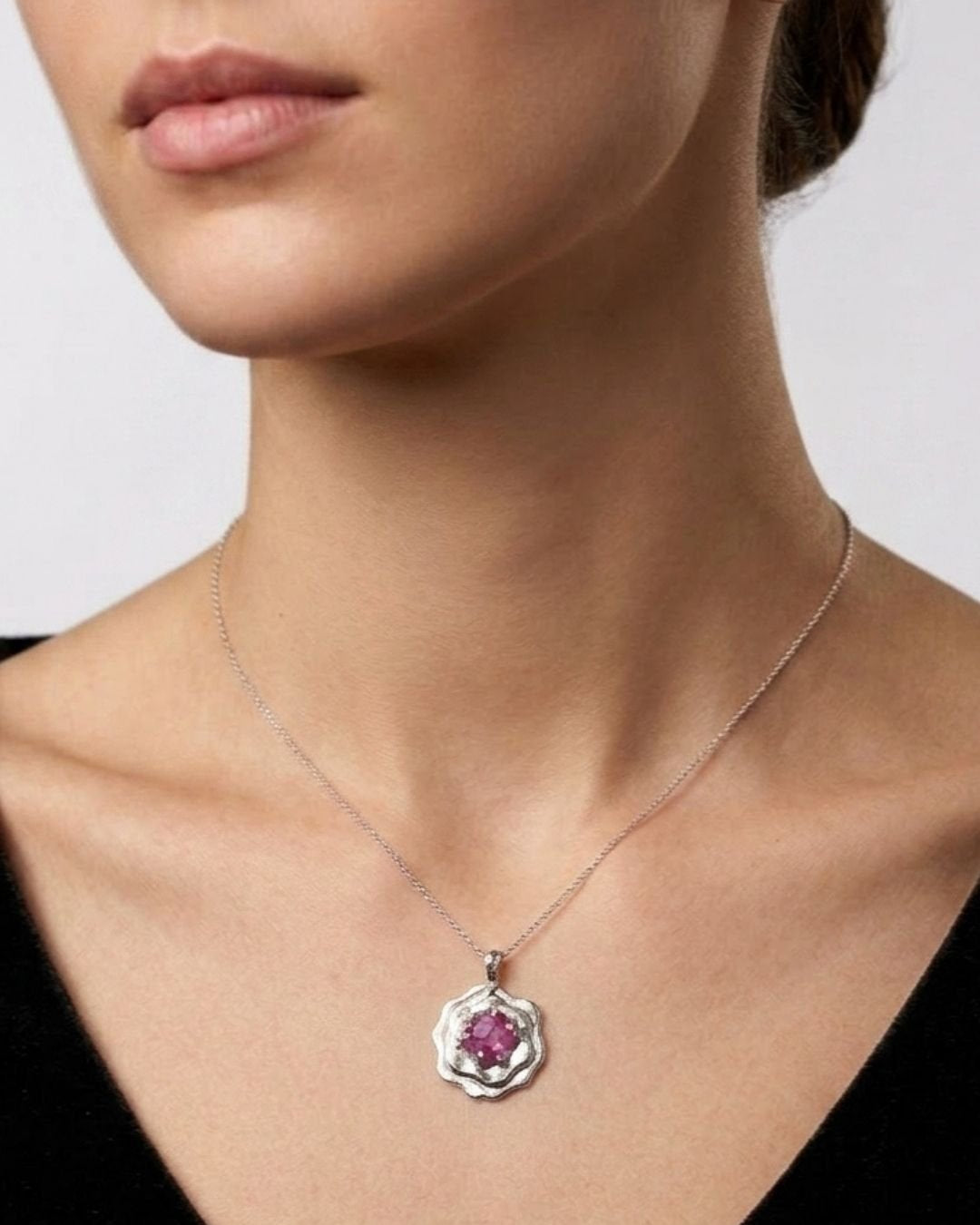CREATIVE JEWELLERY STUDIO | Rosecut Heated 3.28ct Ruby, Silver Flower Pendant by Lithosphere Jewels