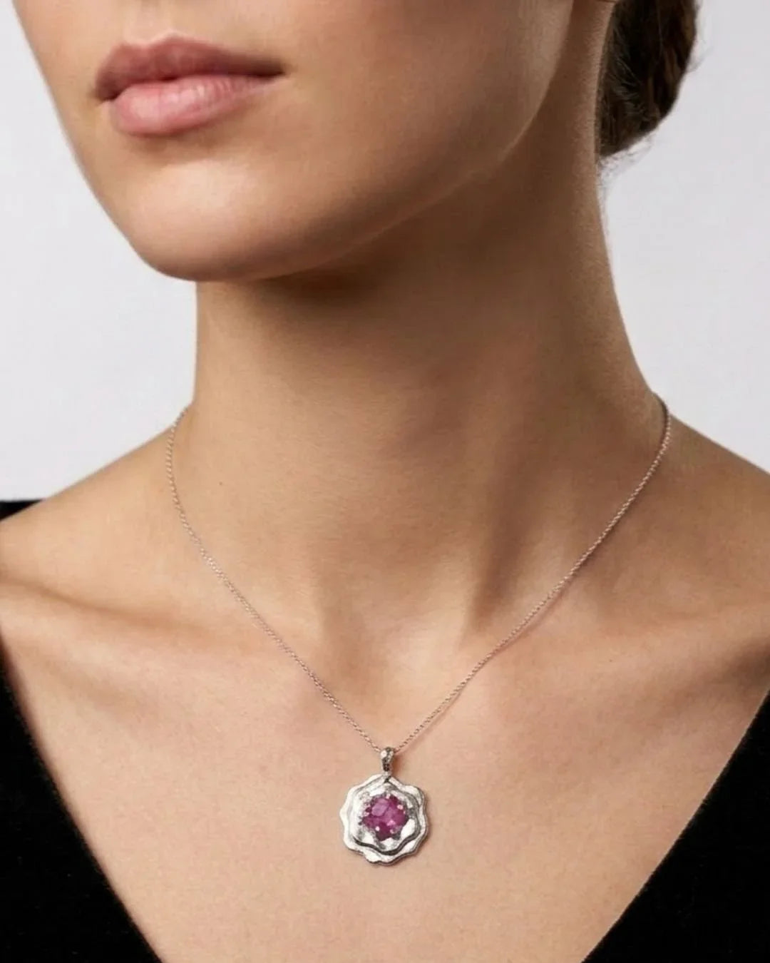 CREATIVE JEWELLERY STUDIO | Rosecut Heated 3.28ct Ruby, Silver Flower Pendant by Lithosphere Jewels