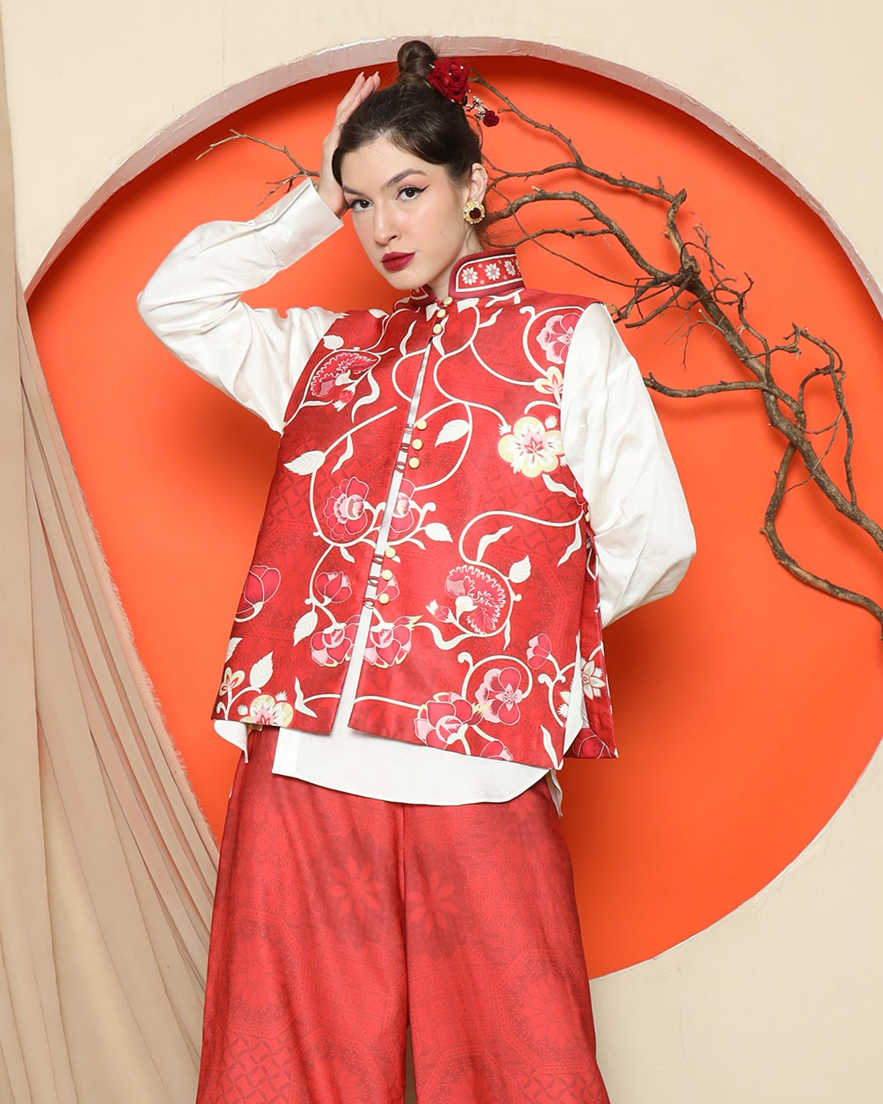 KANZI COLLECTION | Red Floral Side Button Vest With Pants Set