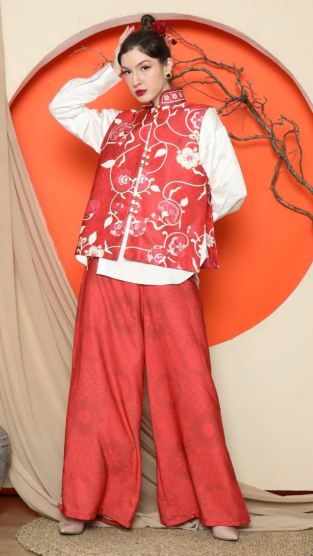 KANZI COLLECTION | Red Floral Side Button Vest With Pants Set