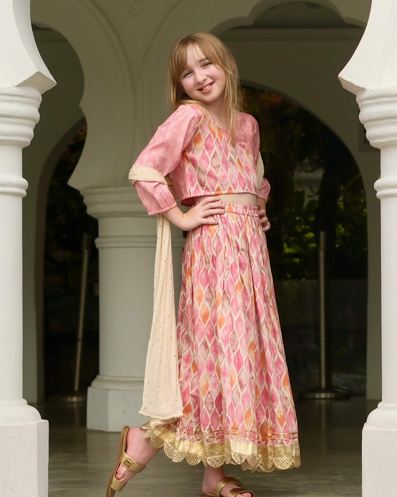 NIMBU | Rooh Pink Girls Lehenga Choli Set With Dupatta In Muslin Cotton