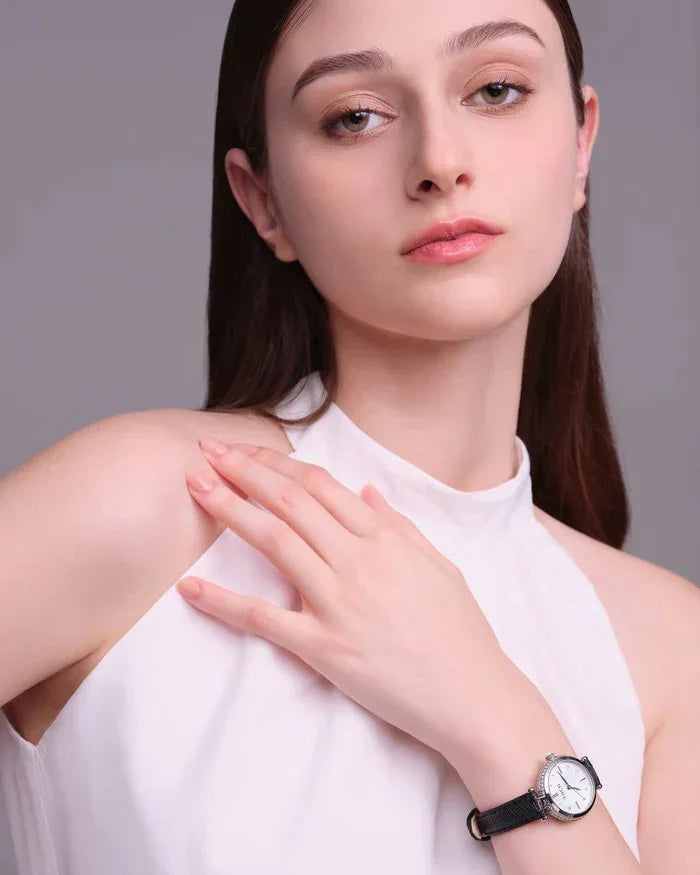BLACK BY BLUE BRAVE | THCN T· I Mother-of-Pearl Dial Black Leather Strap Watch | Silver