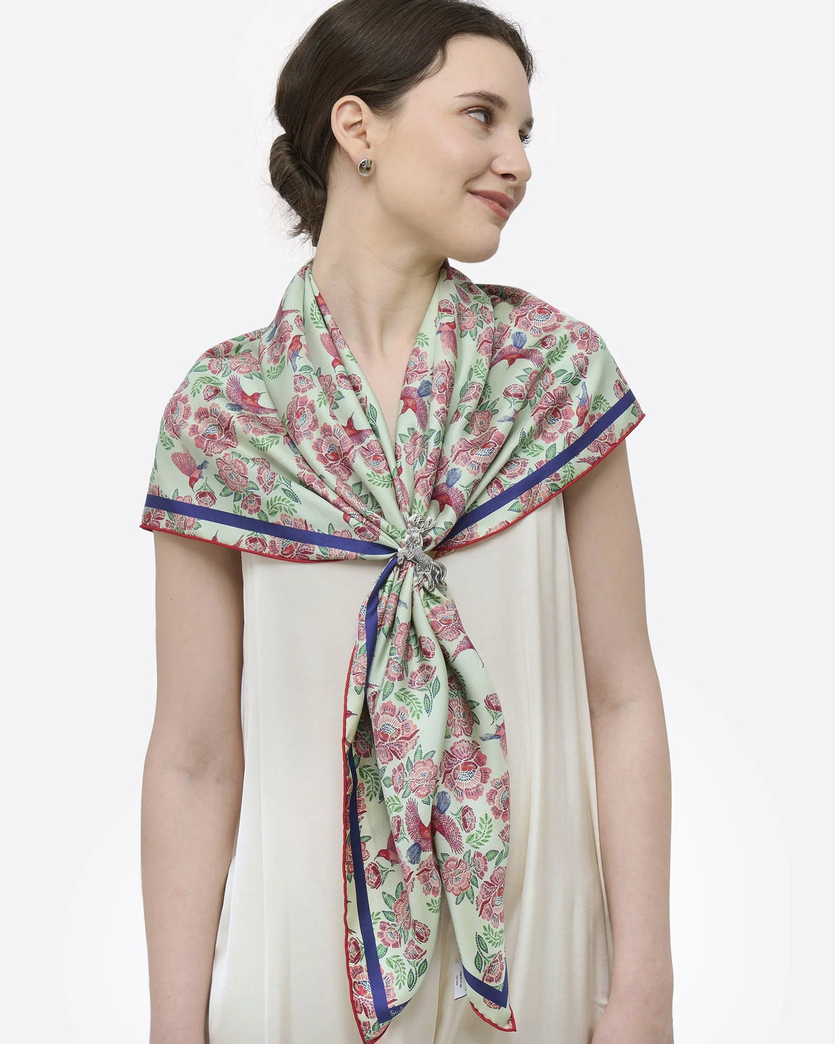 STUDIO QILING | Crimson Sunbird Mint Sunrise Double Side Silk Scarf 100