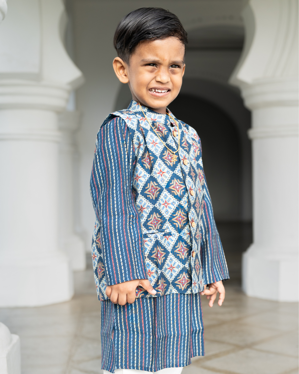NIMBU | Tara Blue Boys Kurta Pajama Jacket in Muslin Cotton