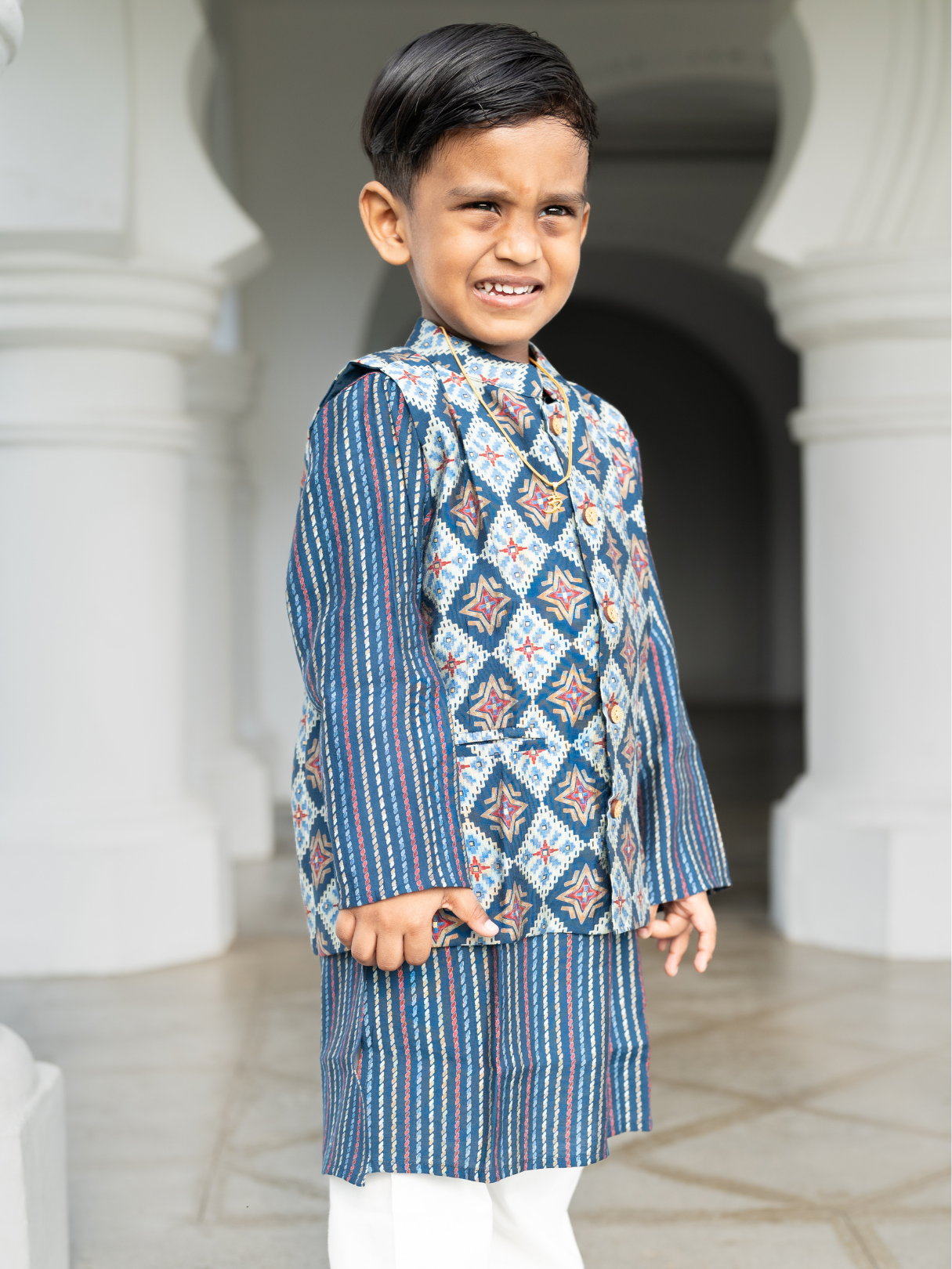NIMBU | Tara Blue Boys Kurta Pajama Jacket in Muslin Cotton