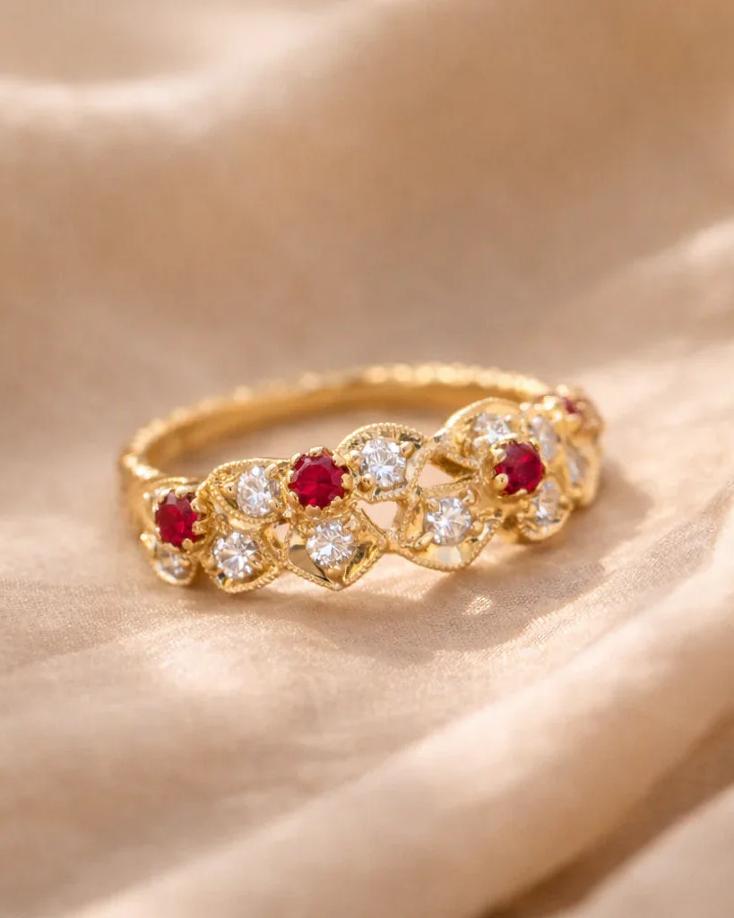 FOUNDATION JEWELLERS | 750 Y/G Peranakan Natural Diamond & Ruby Ring With 'Floral' Motif
