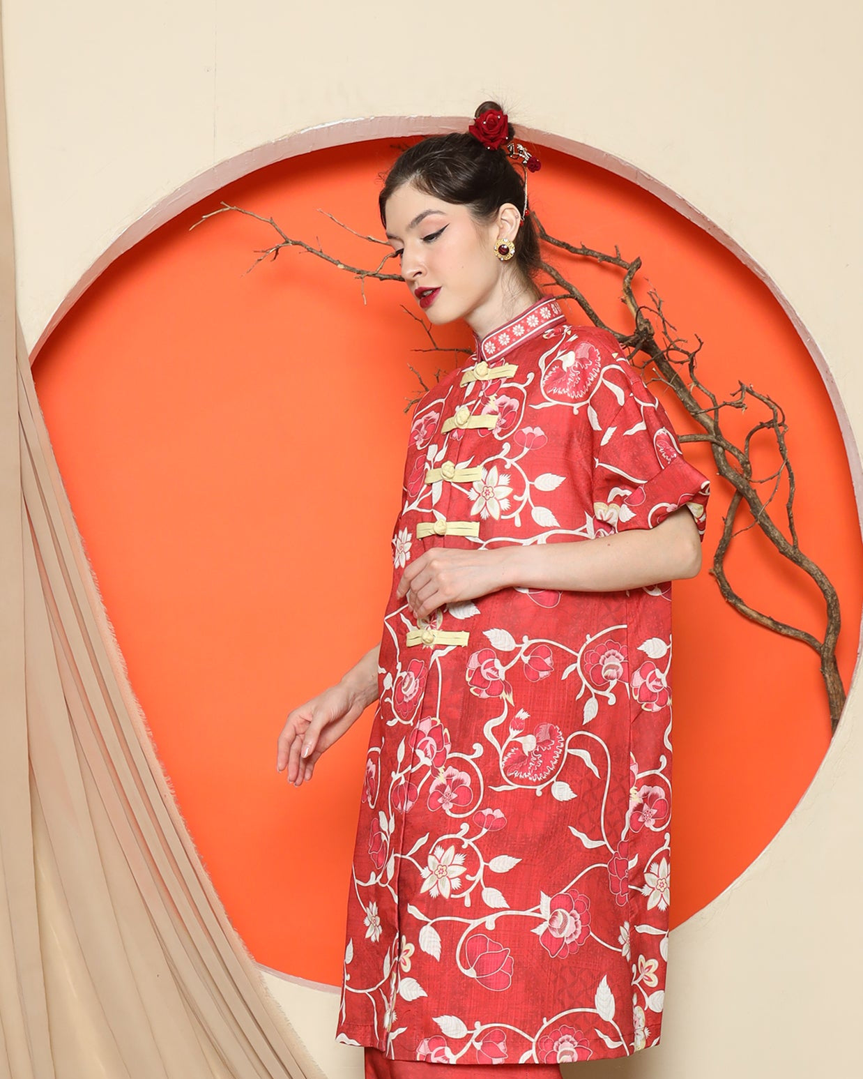 KANZI COLLECTION | Red Floral Cheongsam Pant Set