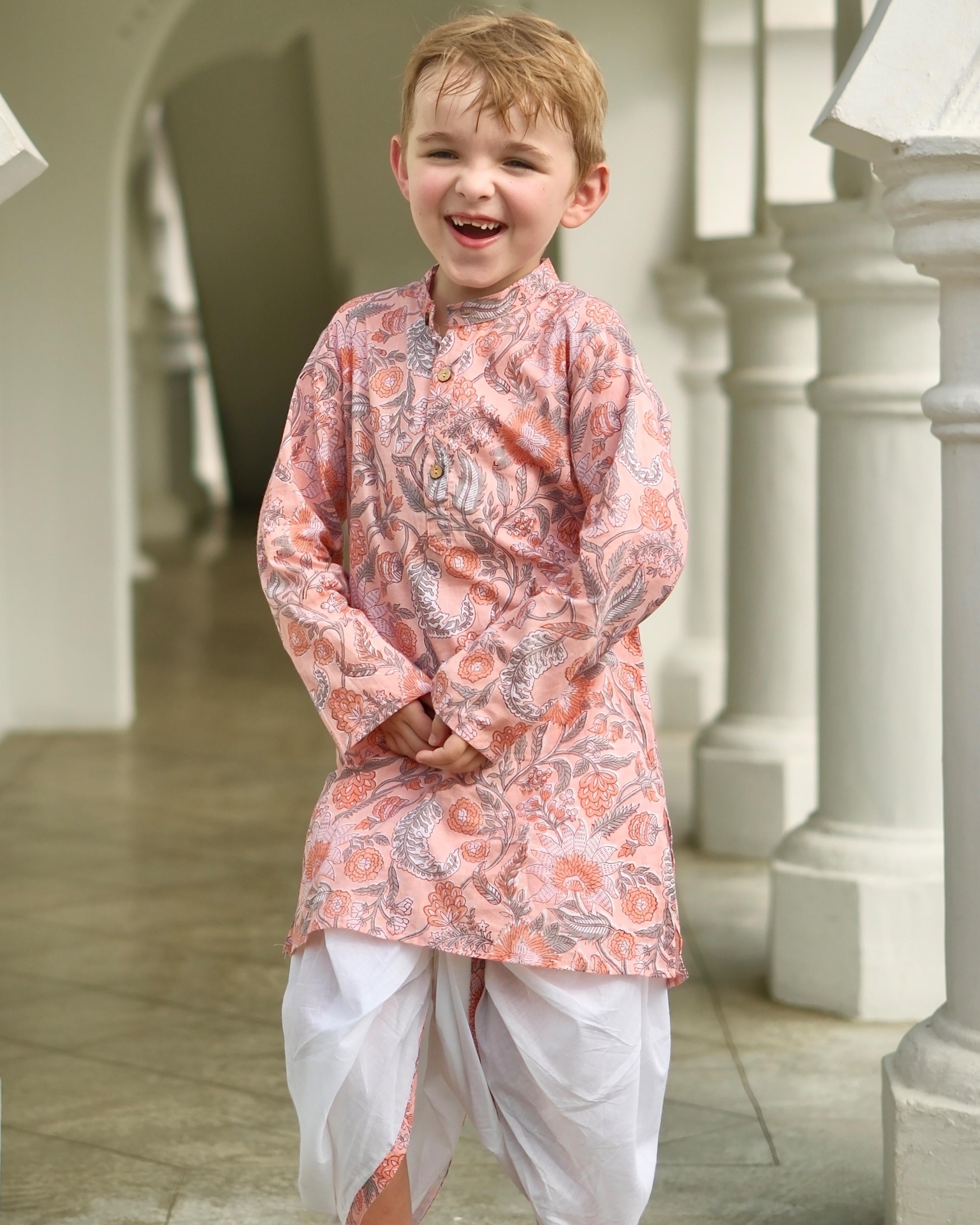 NIMBU | Devi Coral Boys Handblock Kurta Dhoti