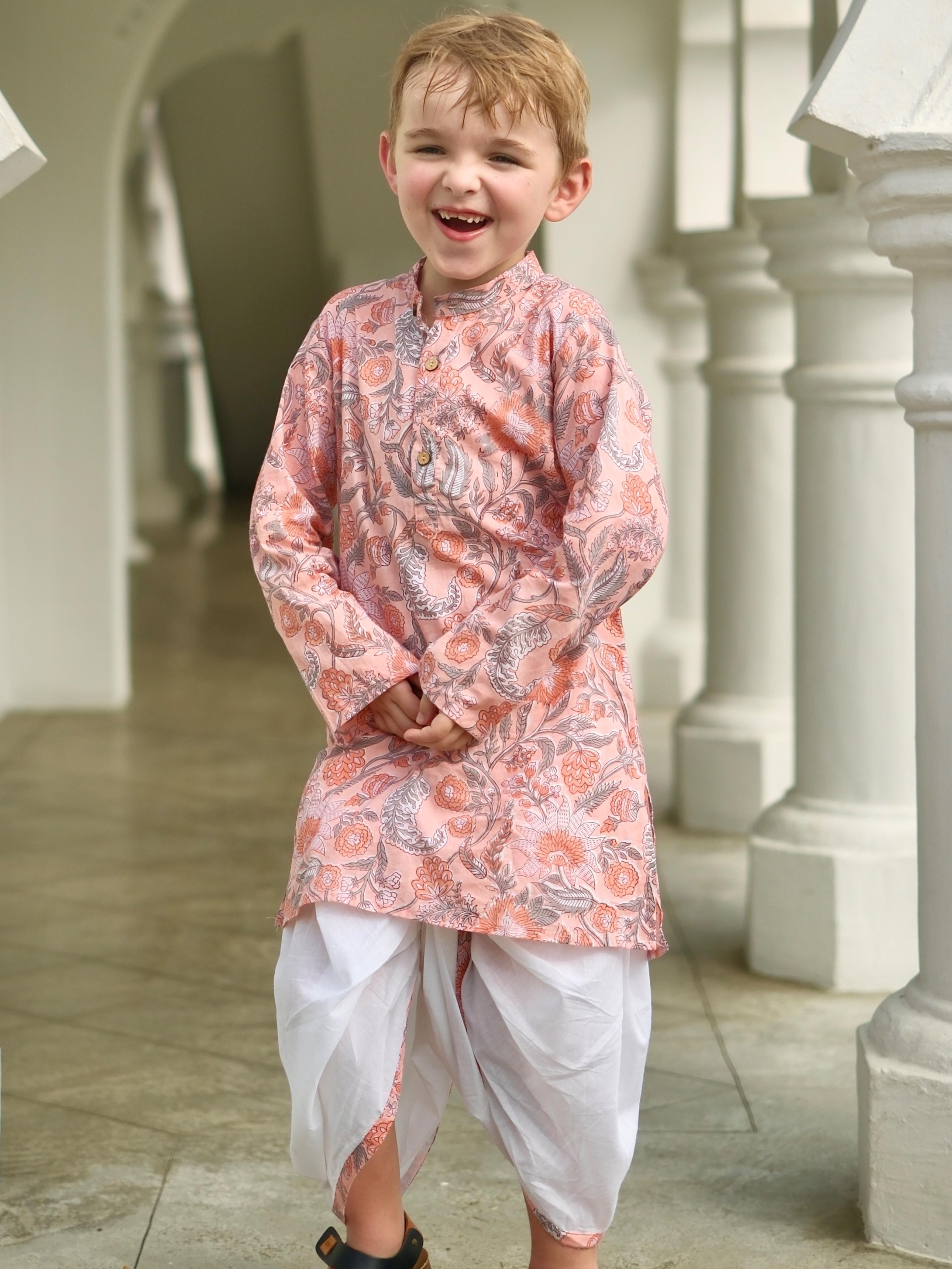 NIMBU | Devi Coral Boys Handblock Kurta Dhoti