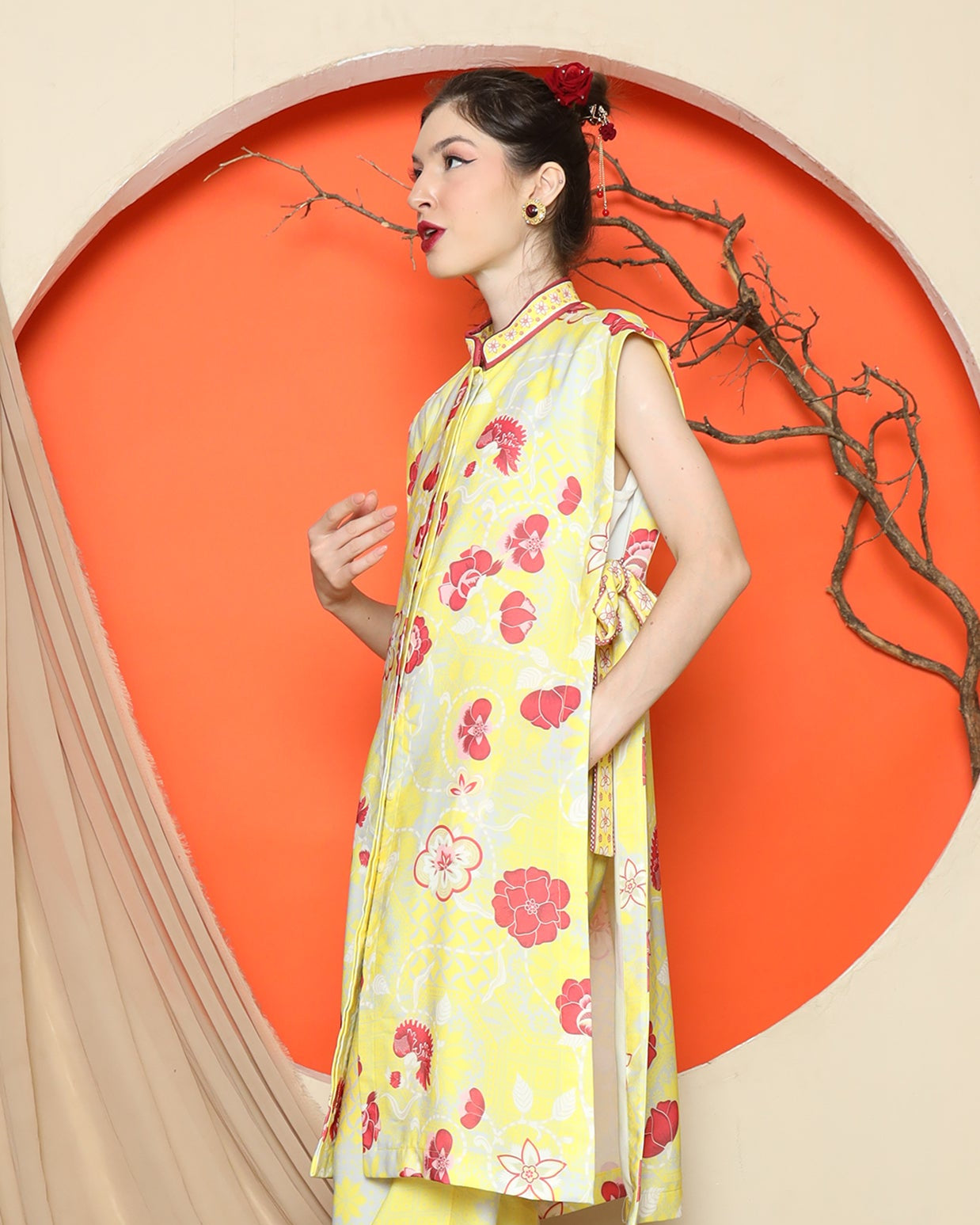 KANZI COLLECTION | Yellow Vest Kimono Jacquard Floral Pant Set