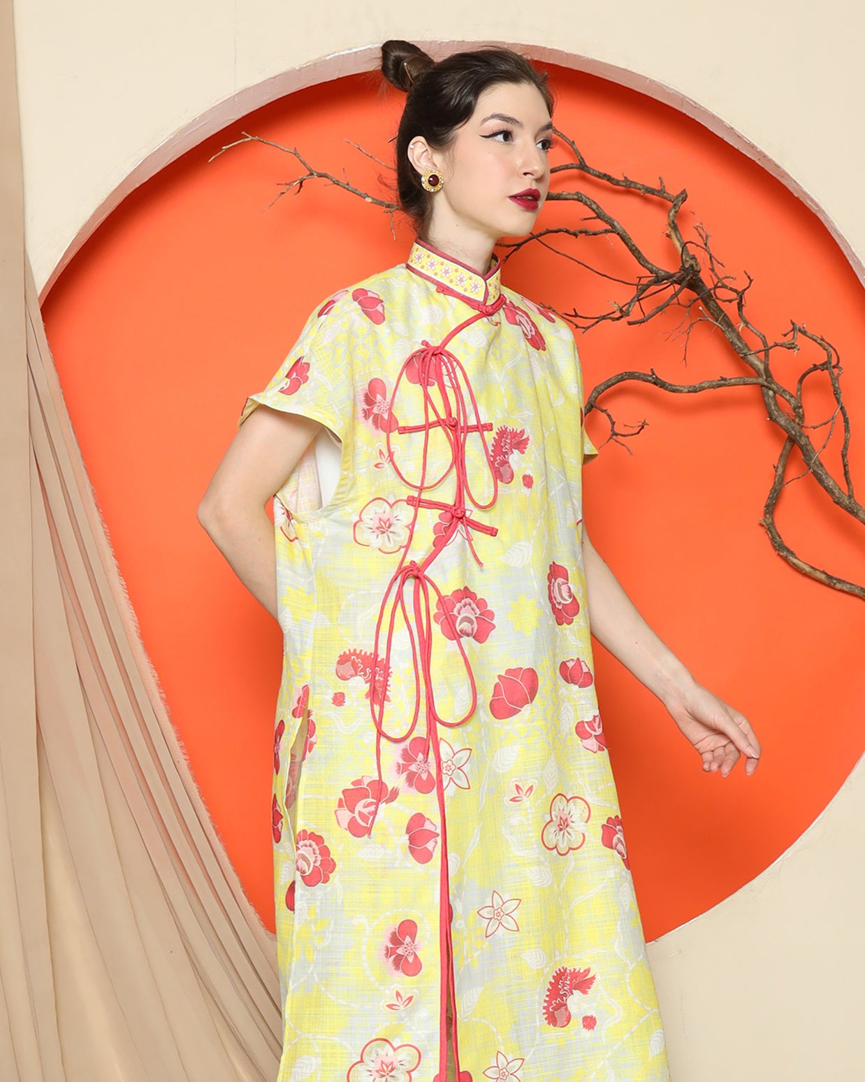 KANZI COLLECTION | Yellow Oriental Floral Cheongsam Pant Set