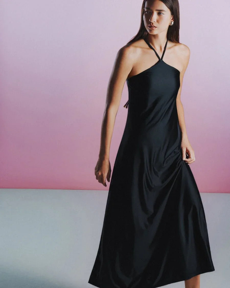 HÁI THE LABEL | Second Skin Satiny X-Neckline Padded Maxi Dress Onyx Black