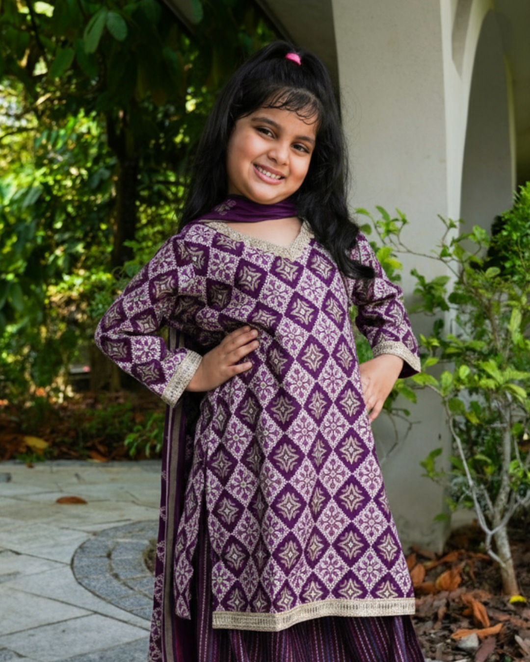 NIMBU | Tara Purple Girls Choga Style Kurta & Palazzo Set in Cotton