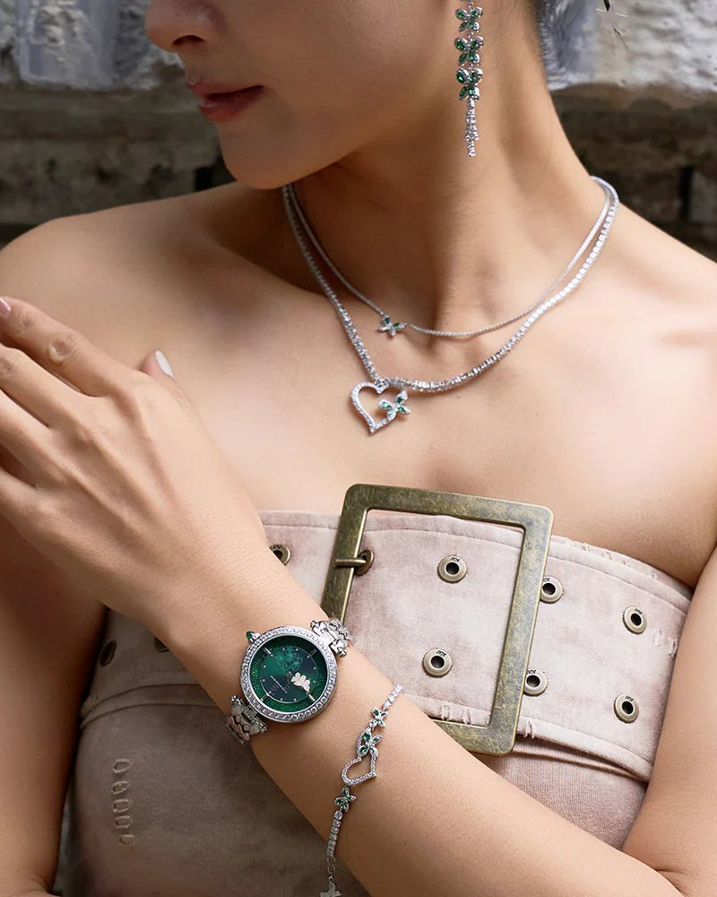 BLACK BY BLUE BRAVE | Butterfly Lovers 34mm Green Dial Moving Butterfly Hands Silver Bracelet Watch