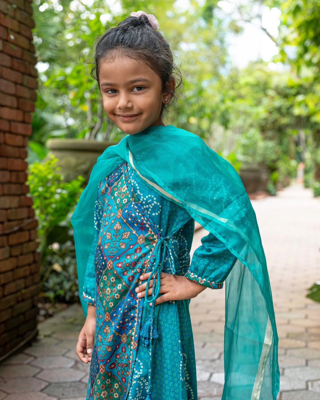 NIMBU | Shan Green Girls Angrakha Kurti Pant With Dupatta Set In Muslin Cotton
