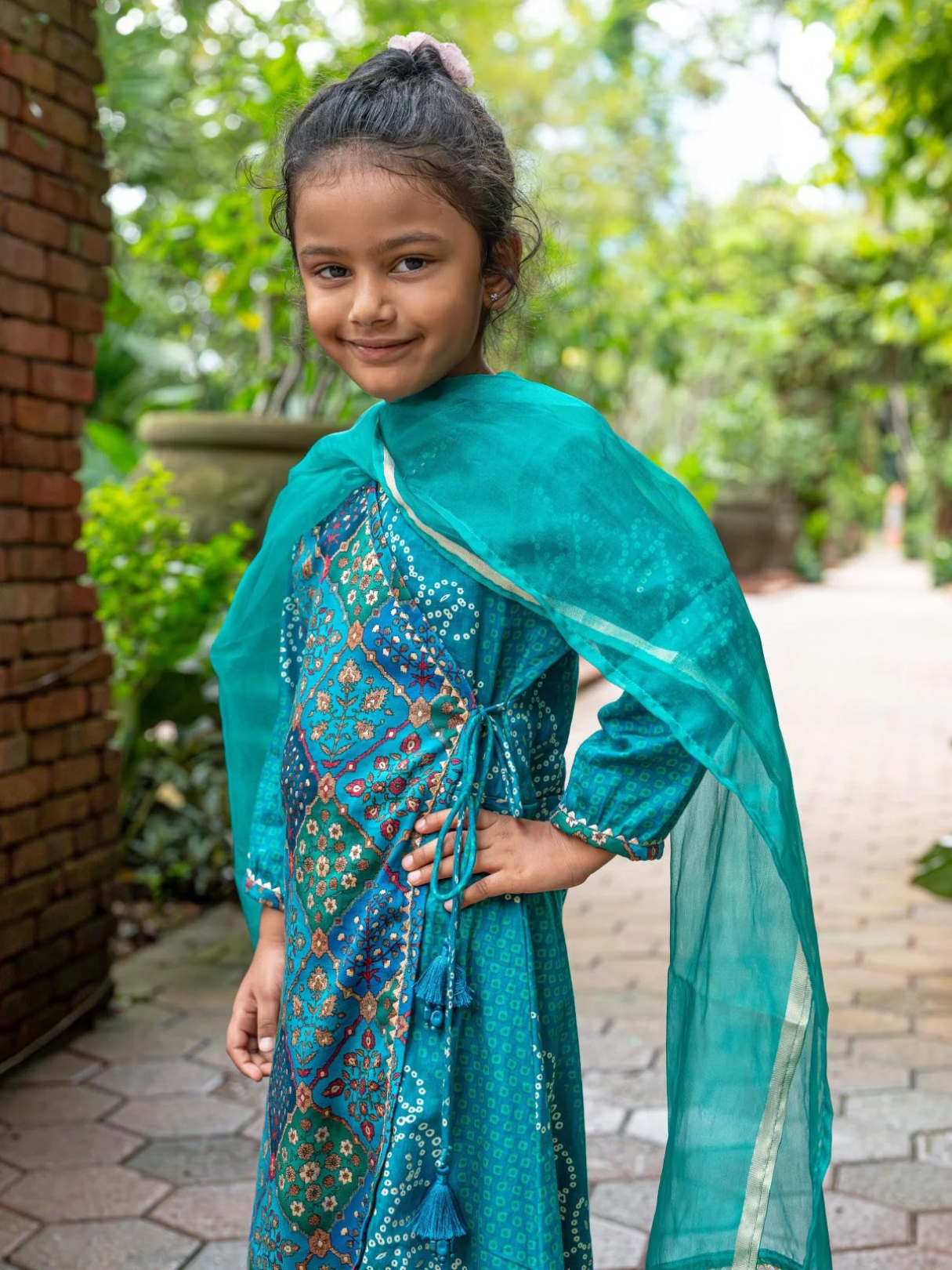 NIMBU | Shan Green Girls Angrakha Kurti Pant With Dupatta Set In Muslin Cotton