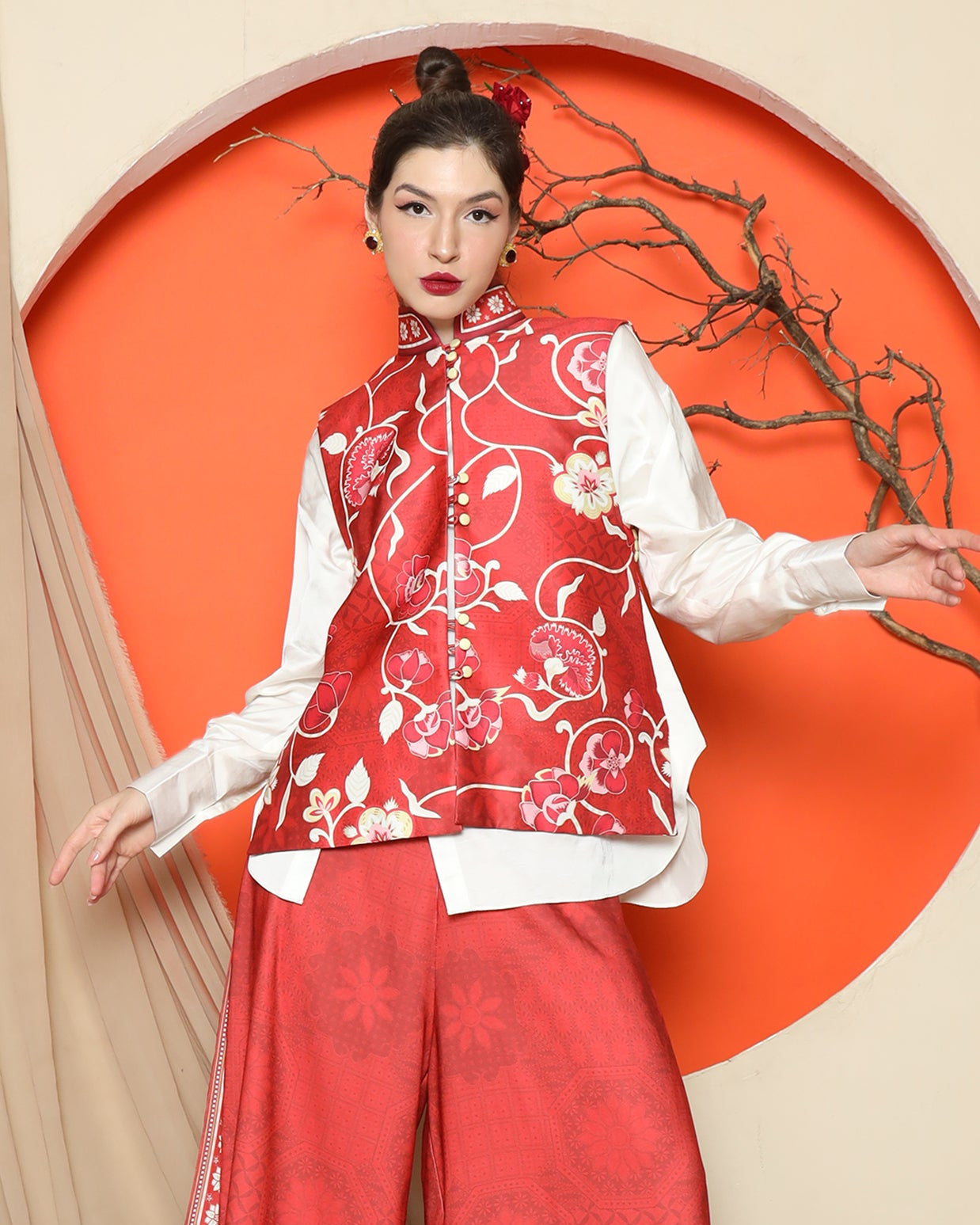 KANZI COLLECTION | Red Floral Side Button Vest With Pants Set