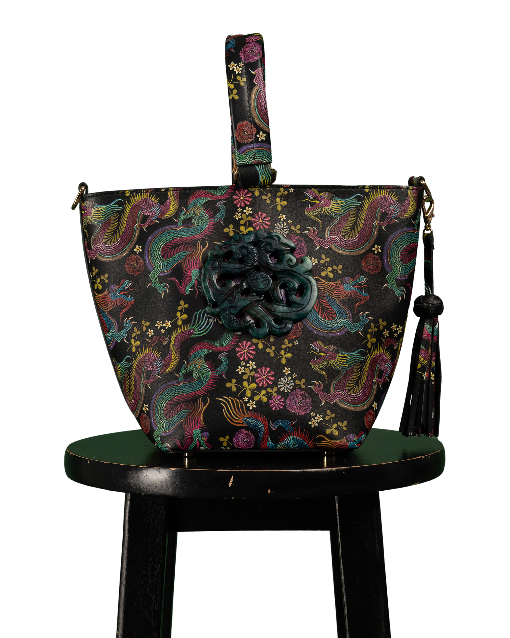 DESTI SAINT | Noora Bucket Crossbody | Dragon Print Leather w Black Jade Stone Ingot