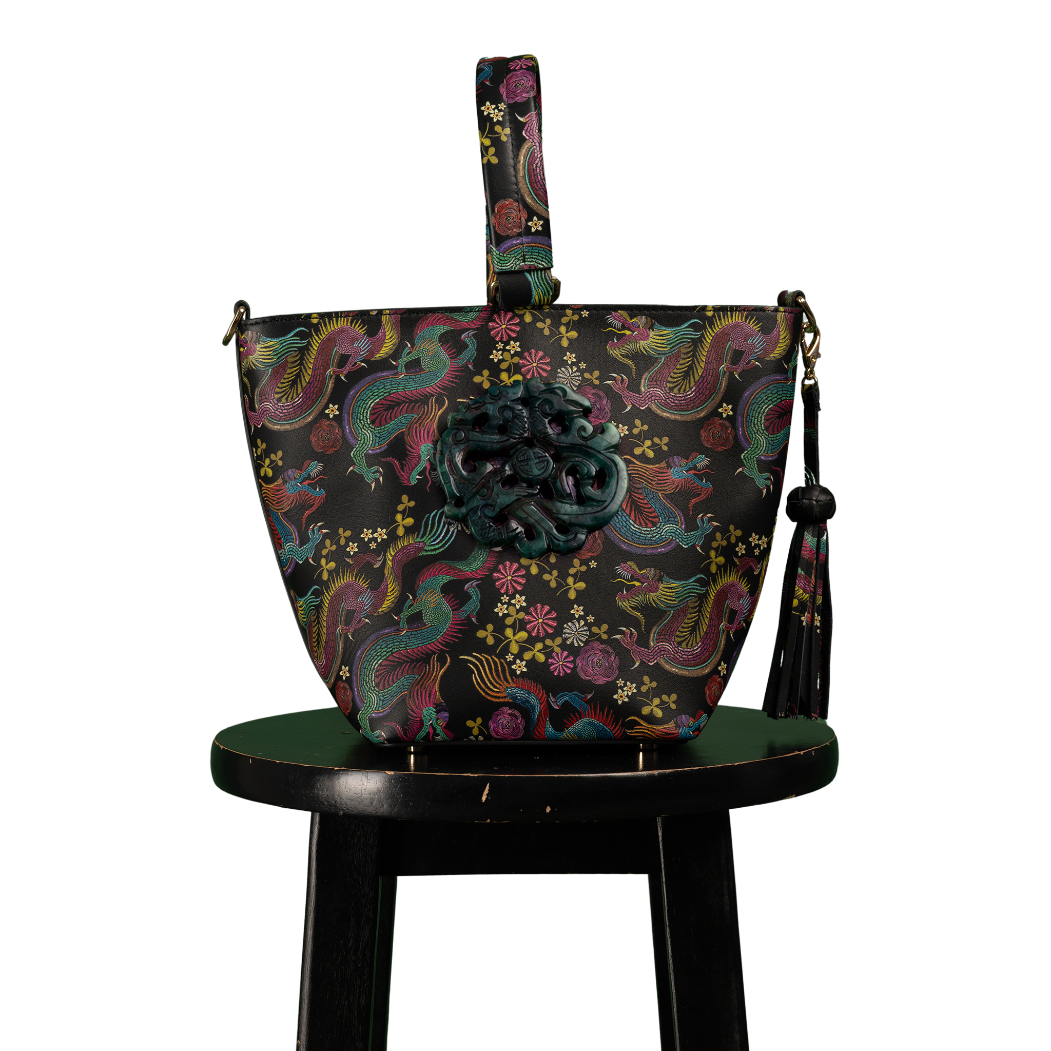 DESTI SAINT | Noora Bucket Crossbody | Dragon Print Leather w Black Jade Stone Ingot