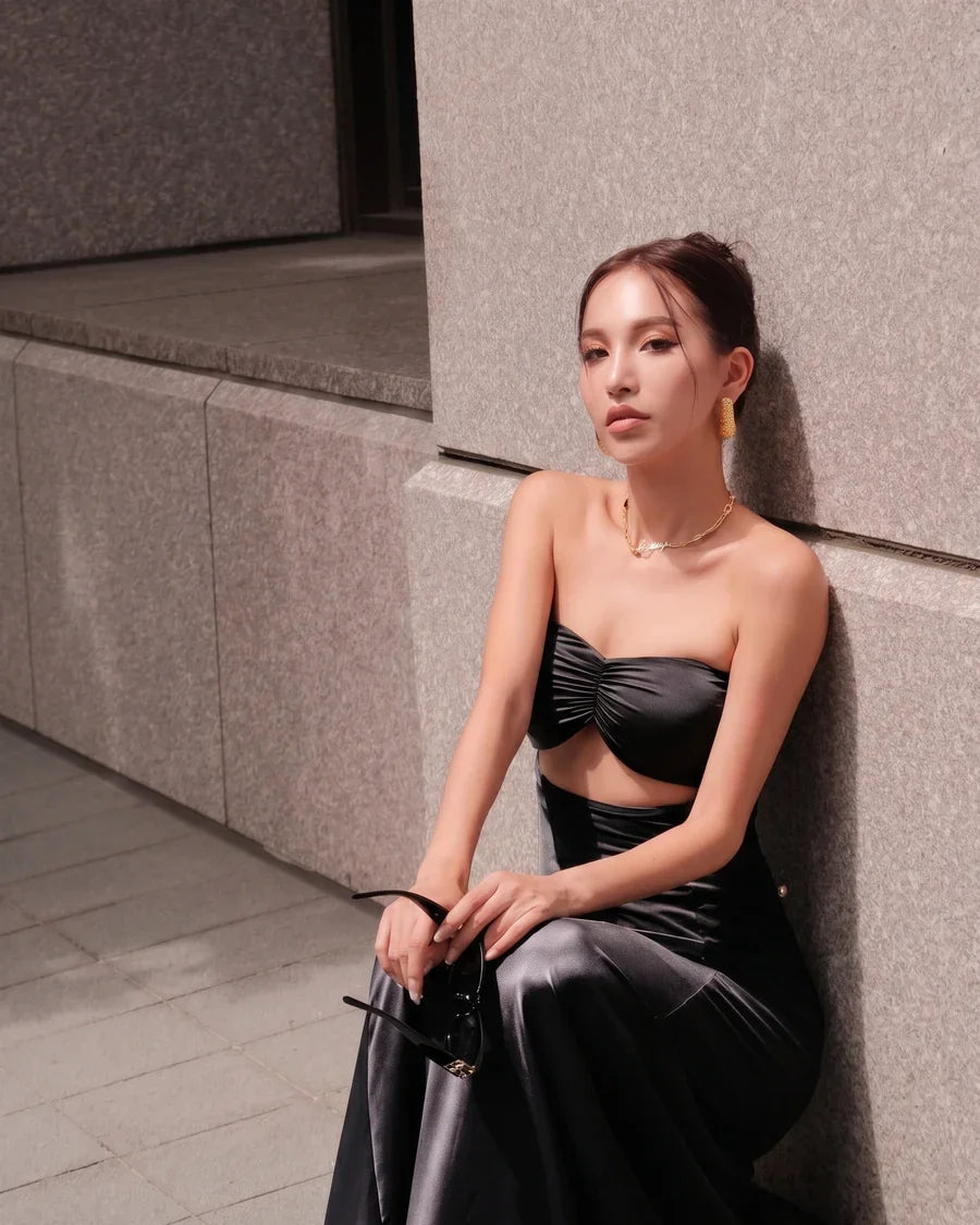 HÁI THE LABEL | Second Skin Satiny | Sweetheart Ruched Maxi Dress | Onyx Black