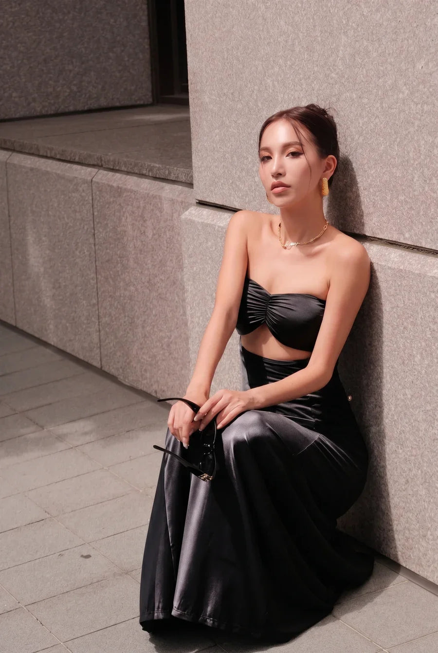 HÁI THE LABEL | Second Skin Satiny | Sweetheart Ruched Maxi Dress | Onyx Black