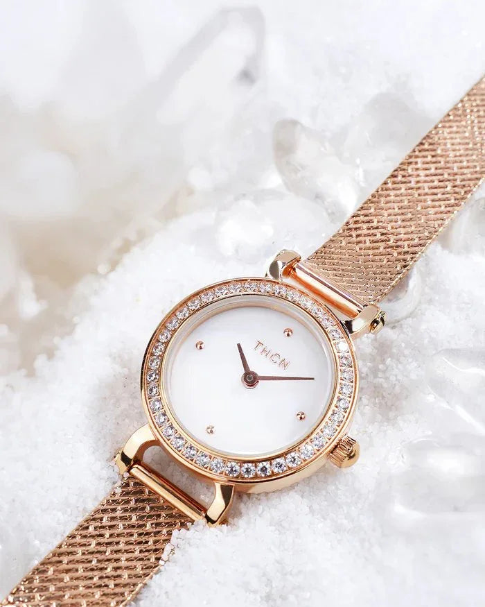 BLACK BY BLUE BRAVE | THCN Cยท I Eggshell White Dial Rose Gold Mesh Band Watch