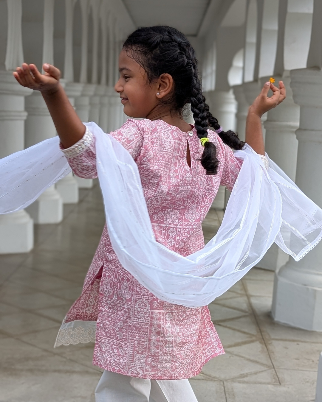 NIMBU | Ira Pink Rose Girls Kurti With Pants Set In Cotton