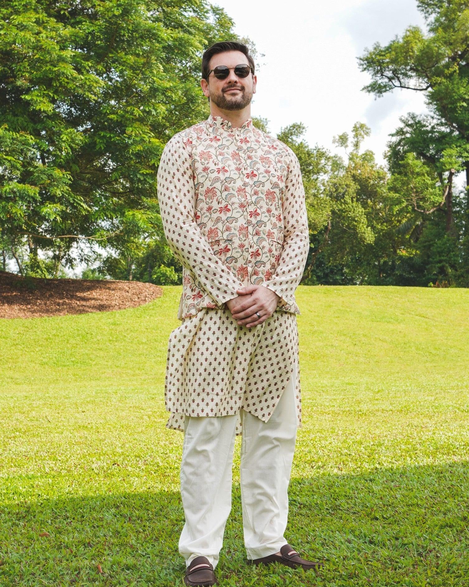 NIMBU | Nia Mens Pearl White Floral Kurta Pajama Jacket Set In Muslin Cotton