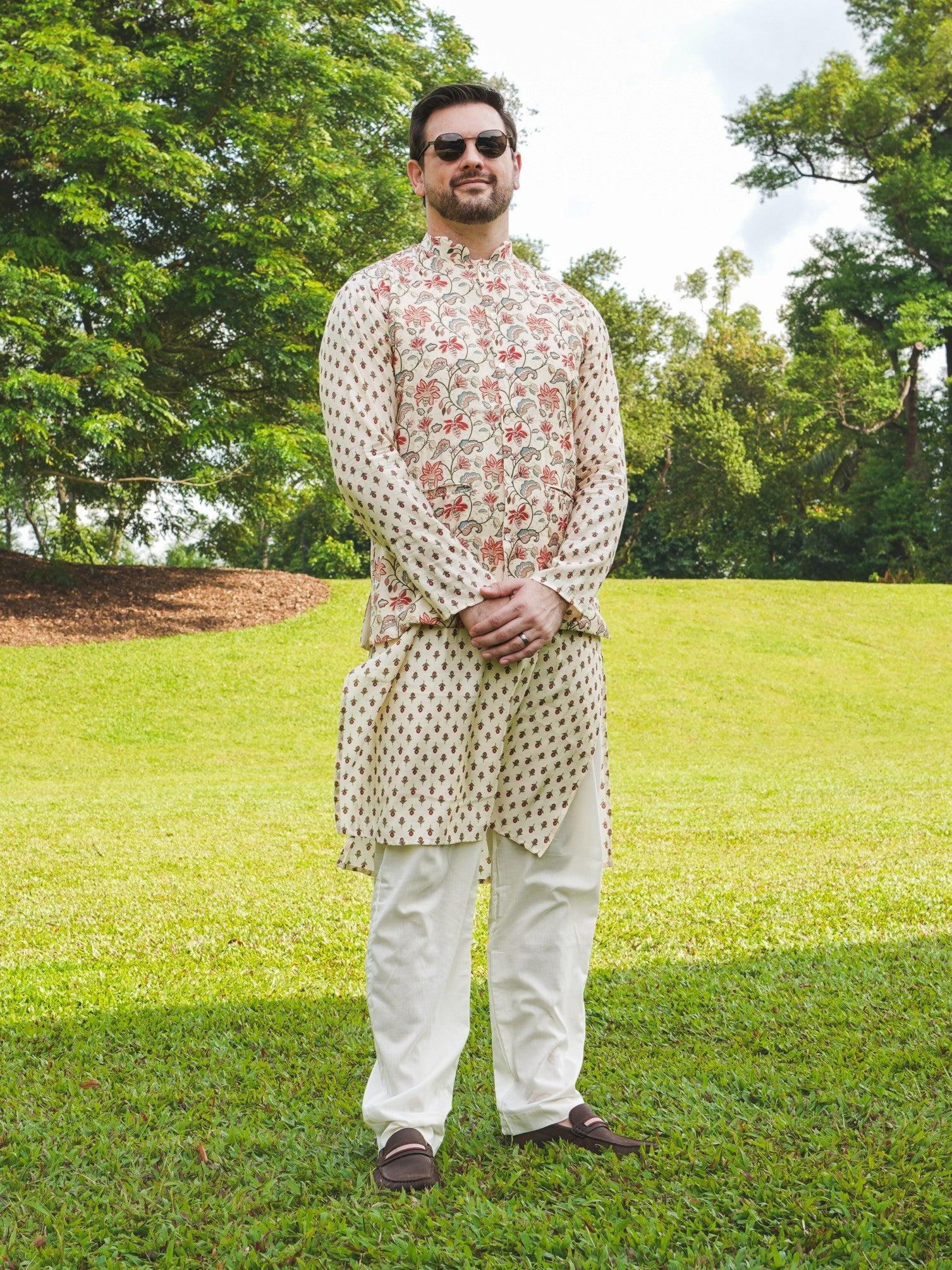 NIMBU | Nia Mens Pearl White Floral Kurta Pajama Jacket Set In Muslin Cotton