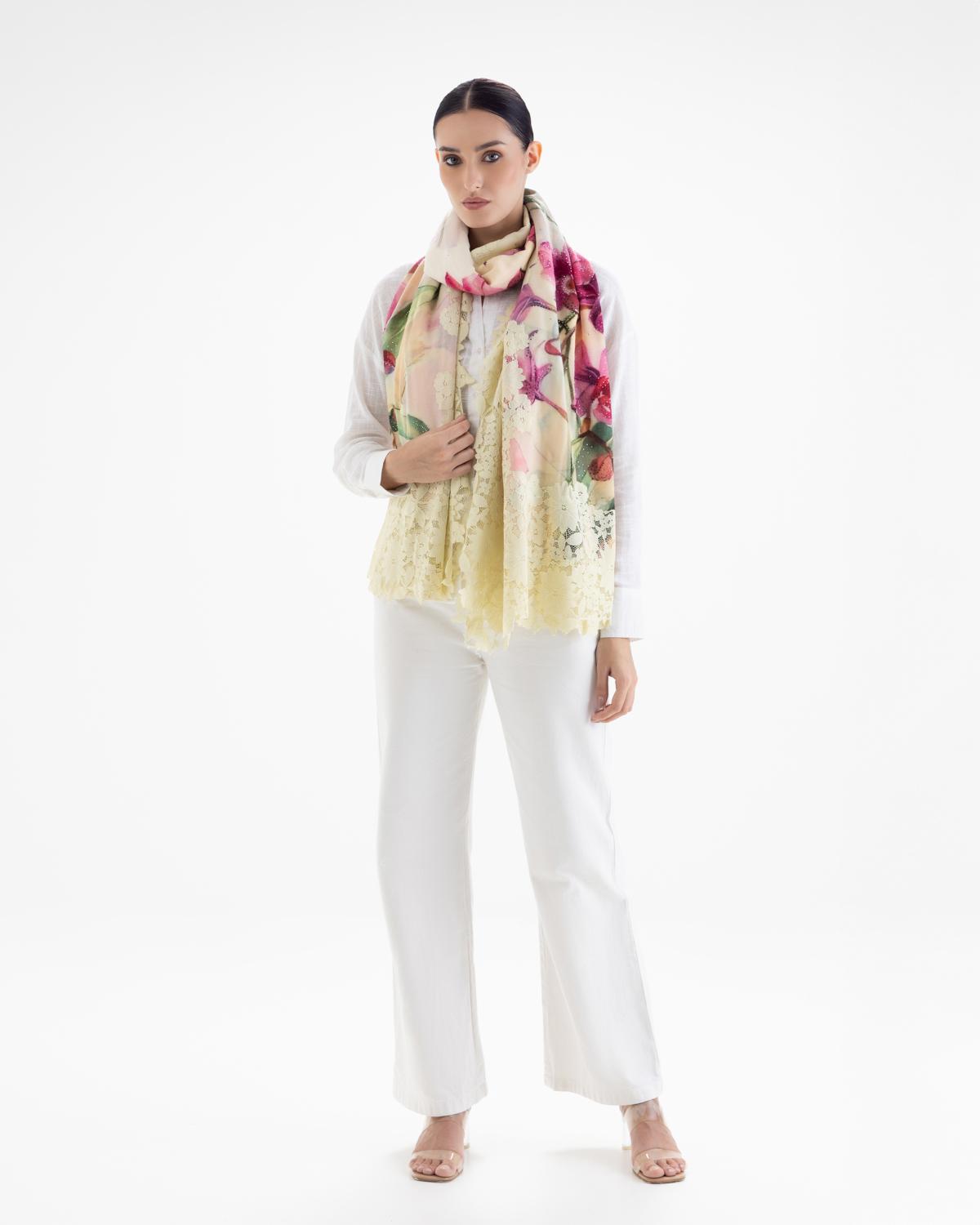 QUEENMARK | AN Assorted Lace Print Crystal Shawl Ivory Pink Flower