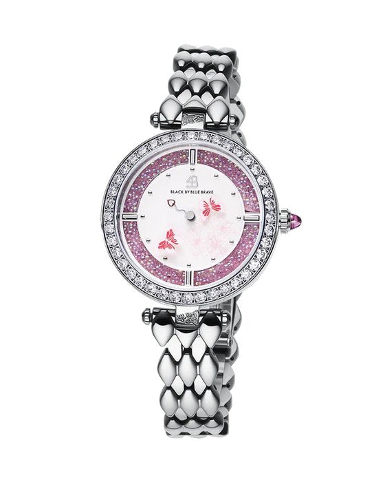 BLACK BY BLUE BRAVE | Butterfly Lovers 34mm Pink Dial Moving Butterfly Hands Silver Bracelet Watch