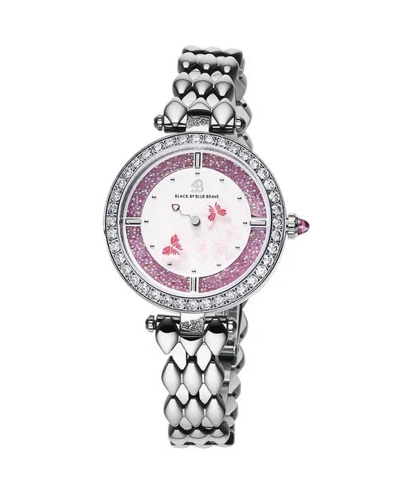 BLACK BY BLUE BRAVE | Butterfly Lovers 34mm Pink Dial Moving Butterfly Hands Silver Bracelet Watch
