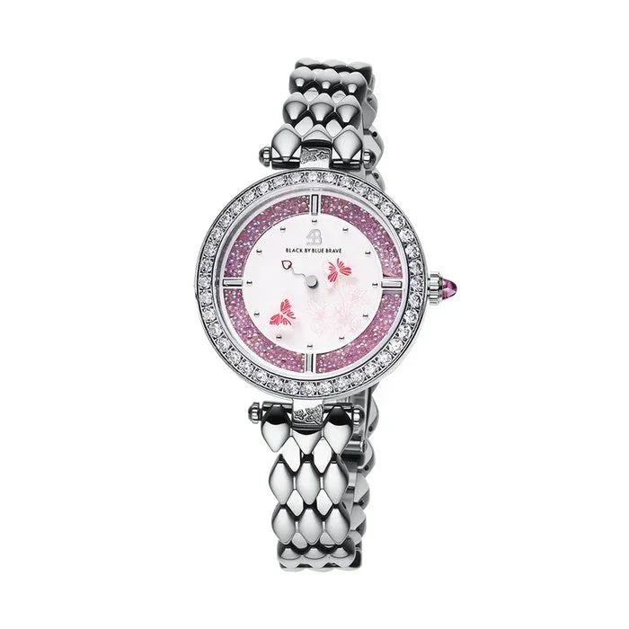 BLACK BY BLUE BRAVE | Butterfly Lovers 34mm Pink Dial Moving Butterfly Hands Silver Bracelet Watch