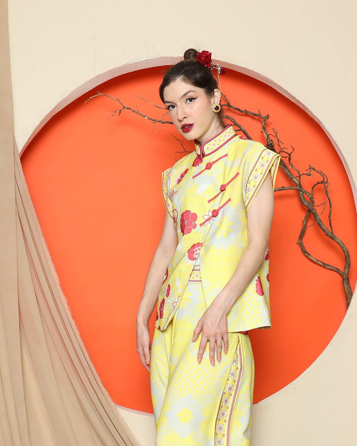 KANZI COLLECTION | Yellow Cheongsam Floral Vest With Wide Leg Pant Set