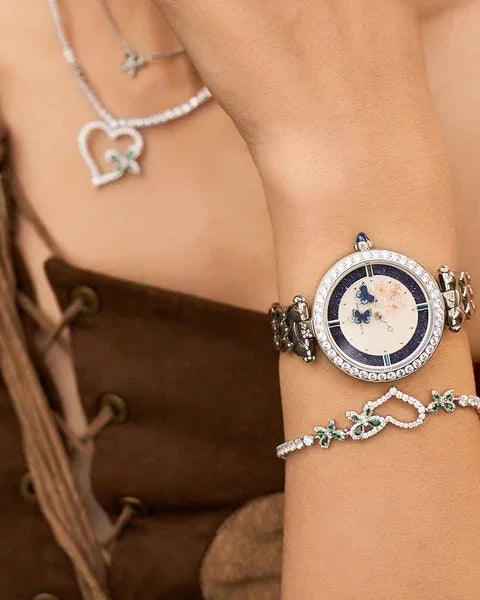 BLACK BY BLUE BRAVE | Butterfly Lovers 34mm Blue Dial Moving Butterfly Hands Silver Bracelet Watch