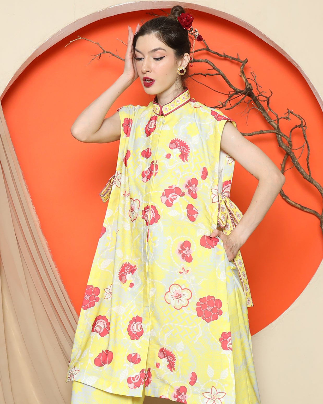 KANZI COLLECTION | Yellow Vest Kimono Jacquard Floral Pant Set