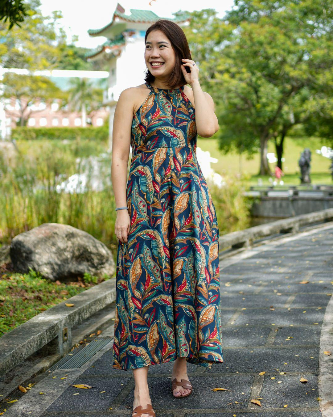 NIMBU | Eden Skyfall Women's Long Halter In Midnight Blue In Muslin Cotton