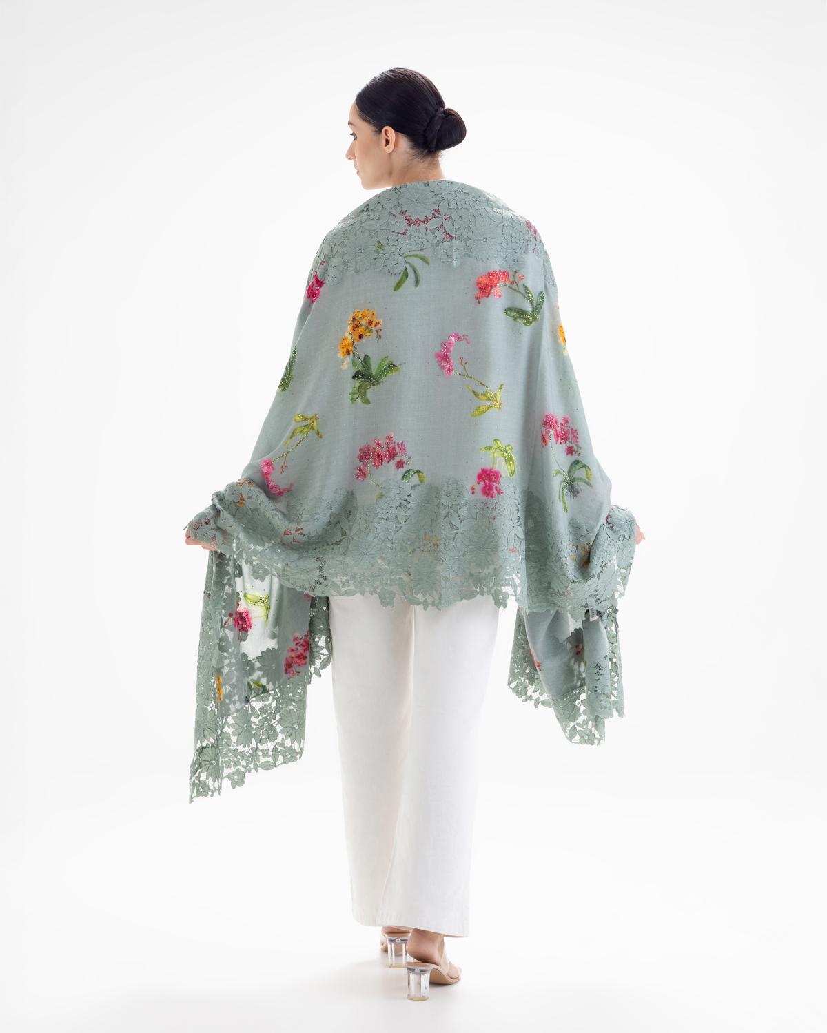 QUEENMARK | AN Assorted Lace Print Crystal Shawl Light Grey