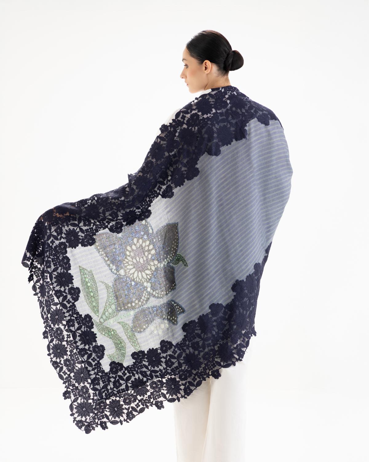 QUEENMARK | AN Assorted Lace Print Crystal Shawl Dark Blue Blue Bird 1