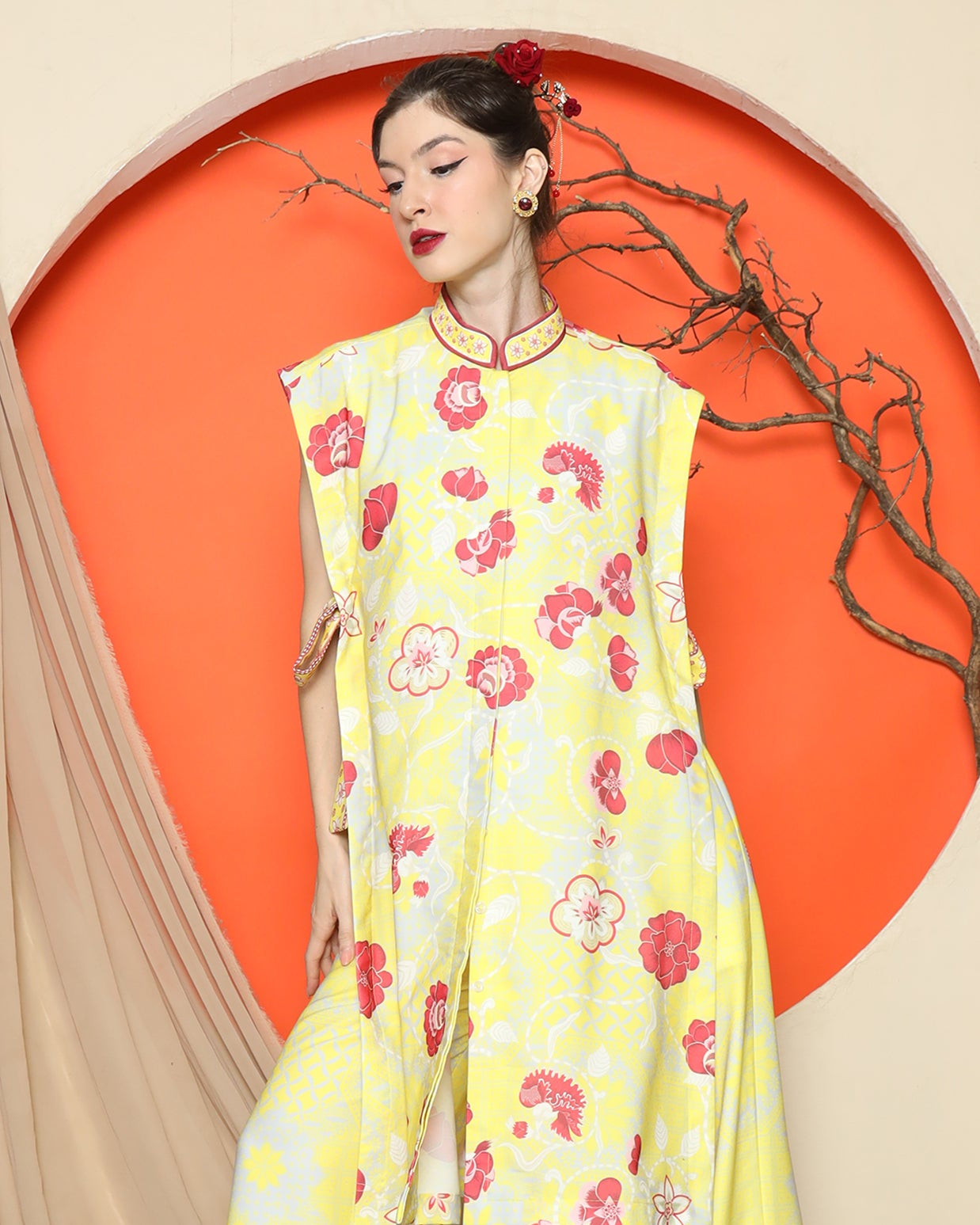 KANZI COLLECTION | Yellow Vest Kimono Jacquard Floral Pant Set