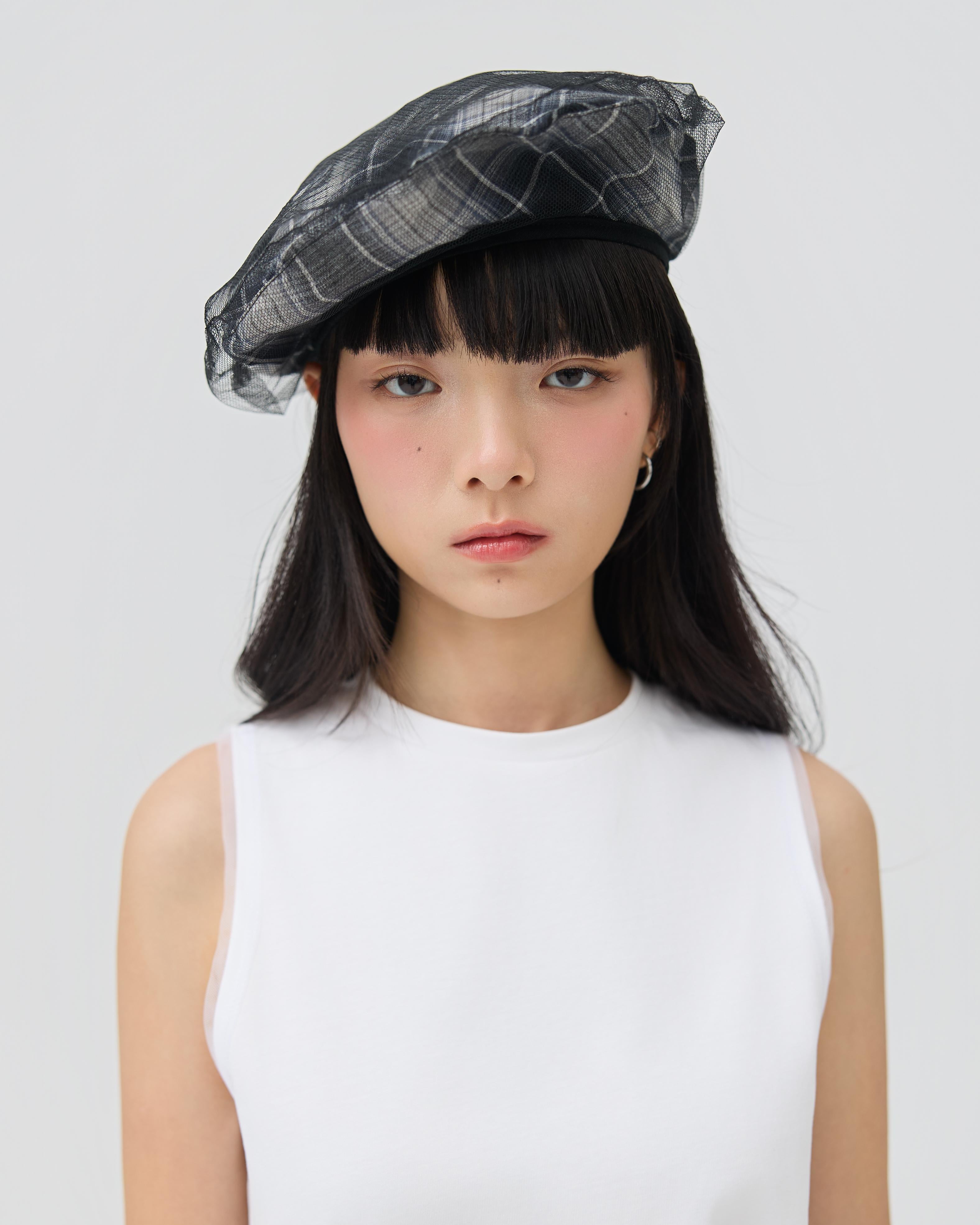 3EIGHTH | Kage Beret in Black Tartan Double Gauze