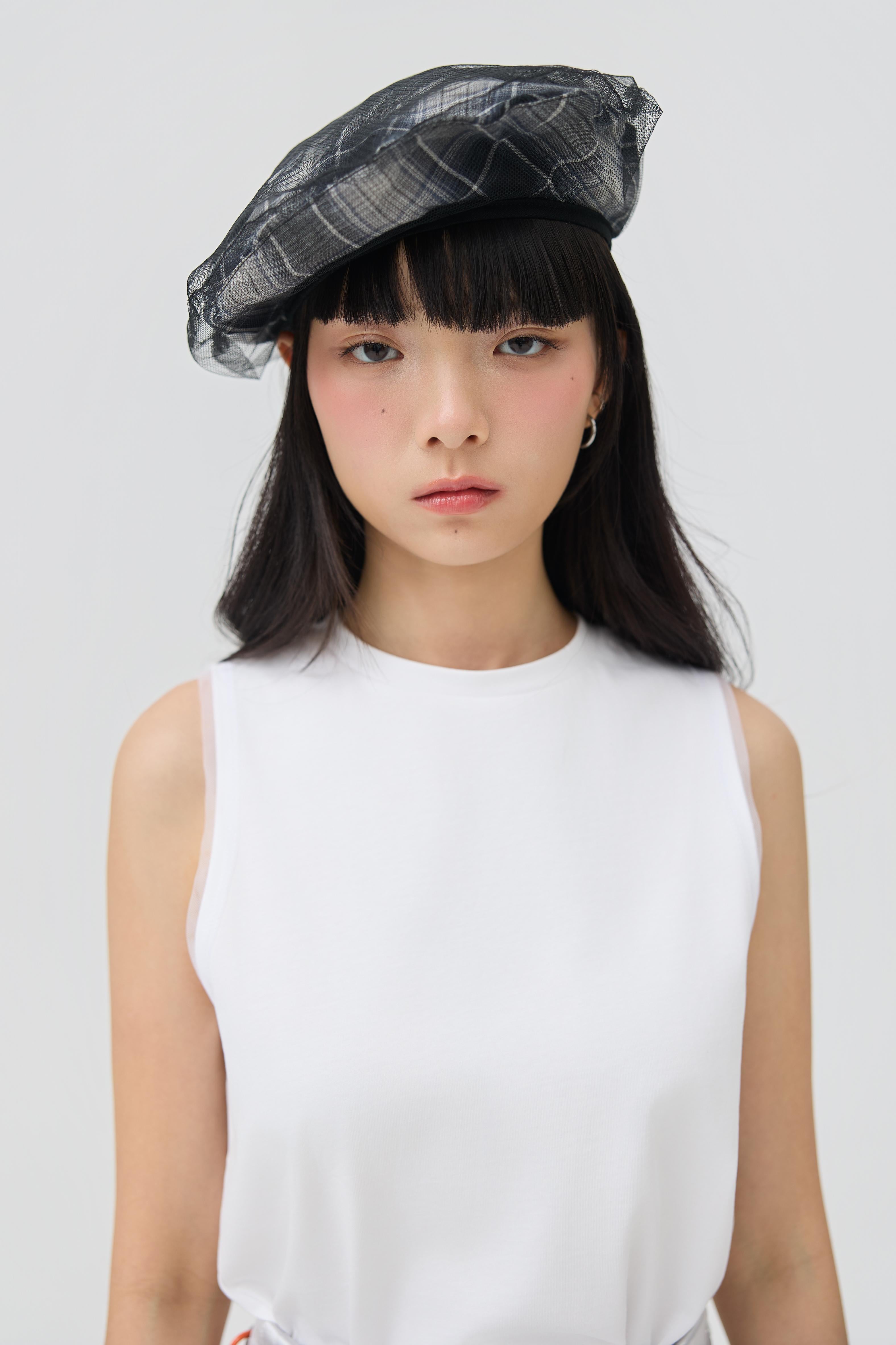 3EIGHTH | Kage Beret in Black Tartan Double Gauze