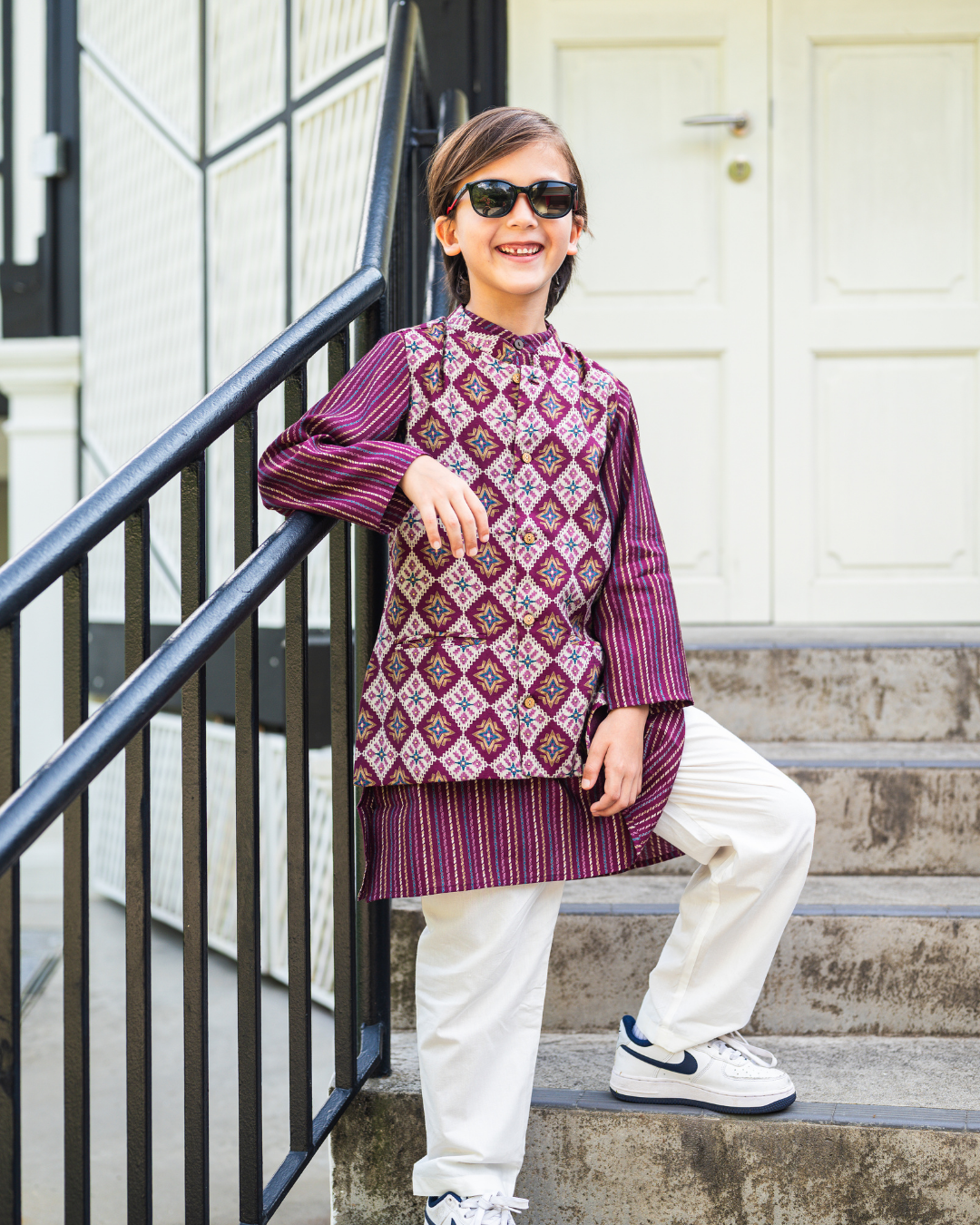 NIMBU | Tara Purple Boys Kurta Pajama Jacket in Muslin Cotton