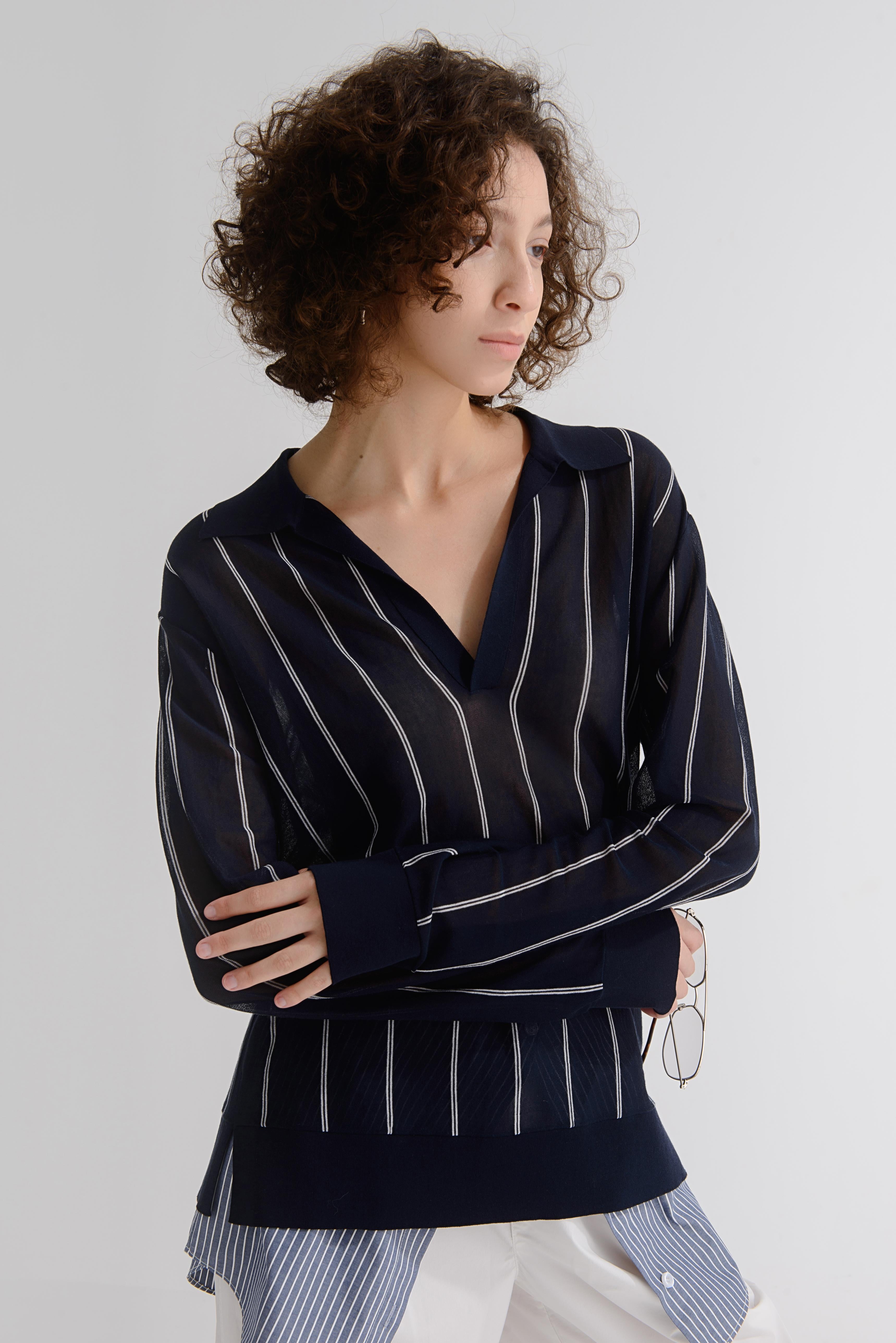LAYERPLAN | Aziel Light Weight Wool Striped Polo Top